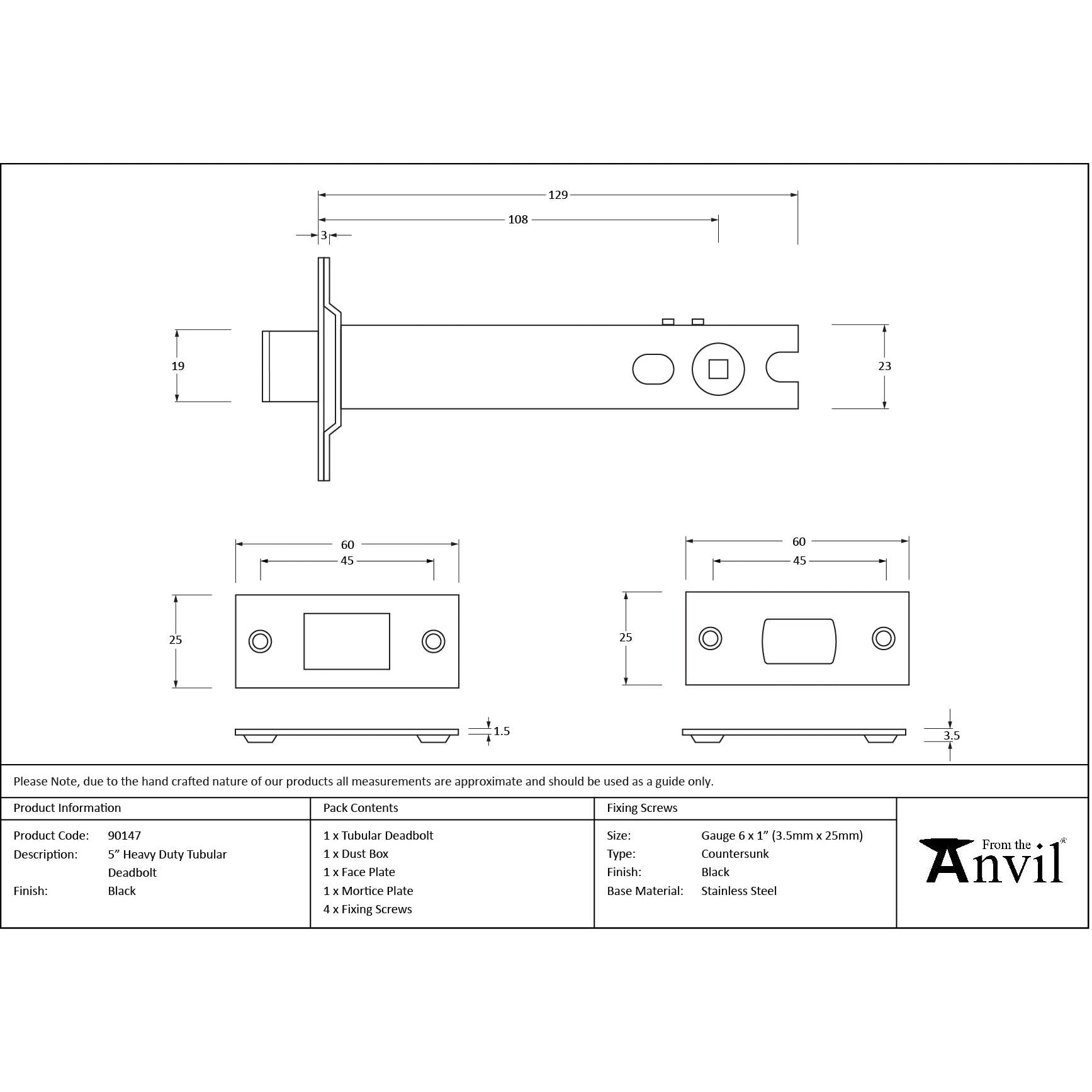 Black 5" Heavy Duty Tubular Deadbolt | From The Anvil - Deadlocks & Deadbolts - From The Anvil - Yester Home