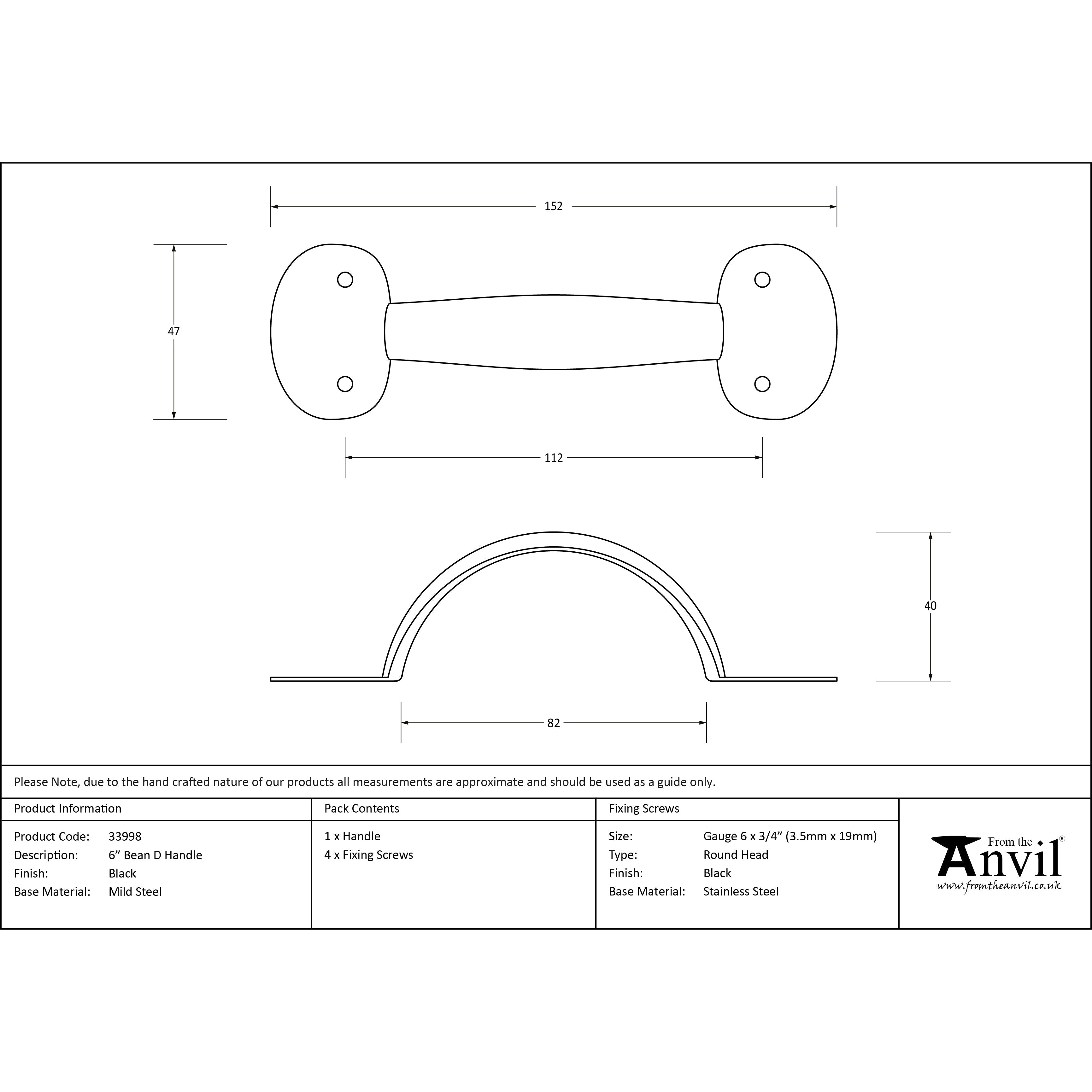 Black 6" Bean D Handle | From The Anvil-D Handles-Yester Home