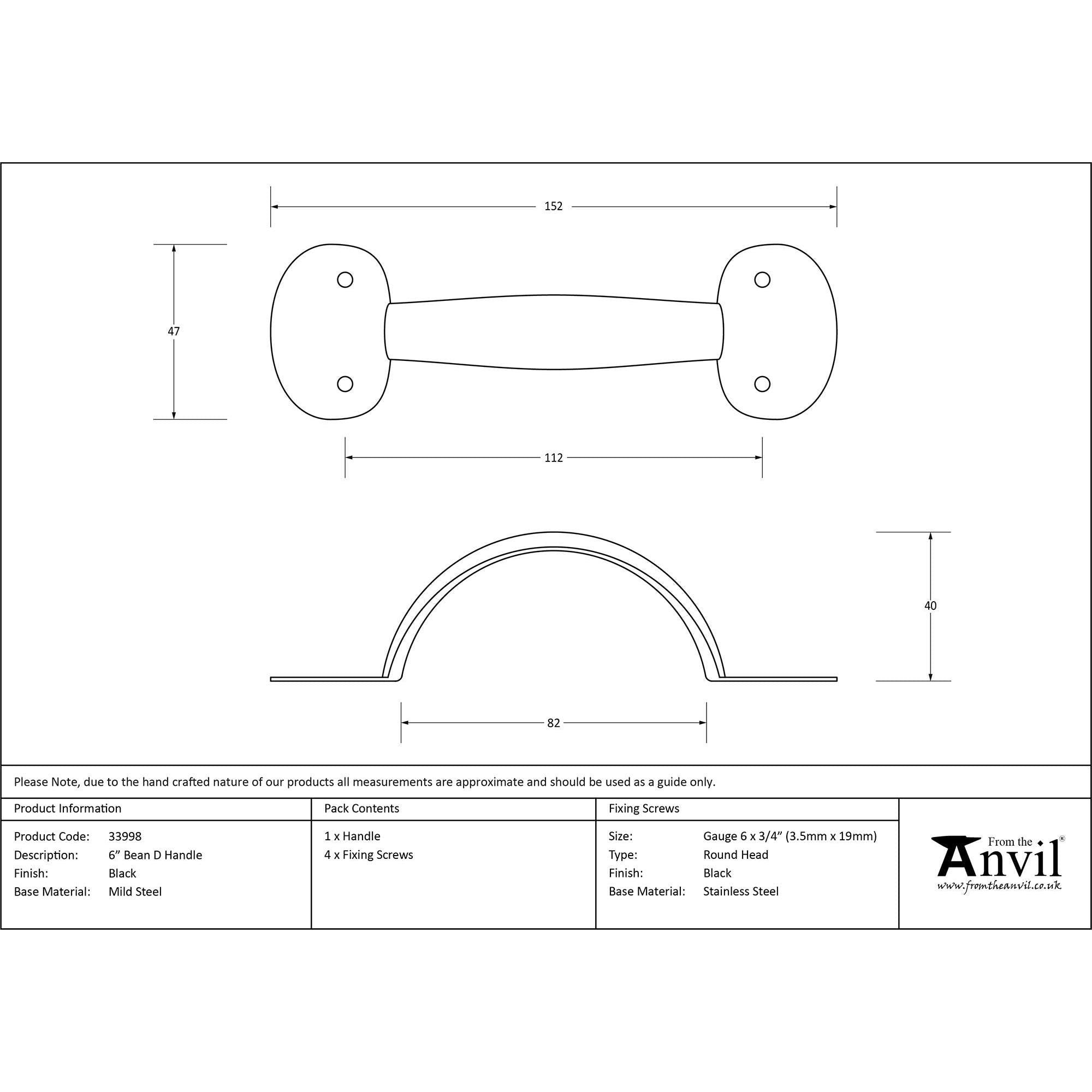 Black 6" Bean D Handle | From The Anvil - D Handles - From The Anvil - Yester Home