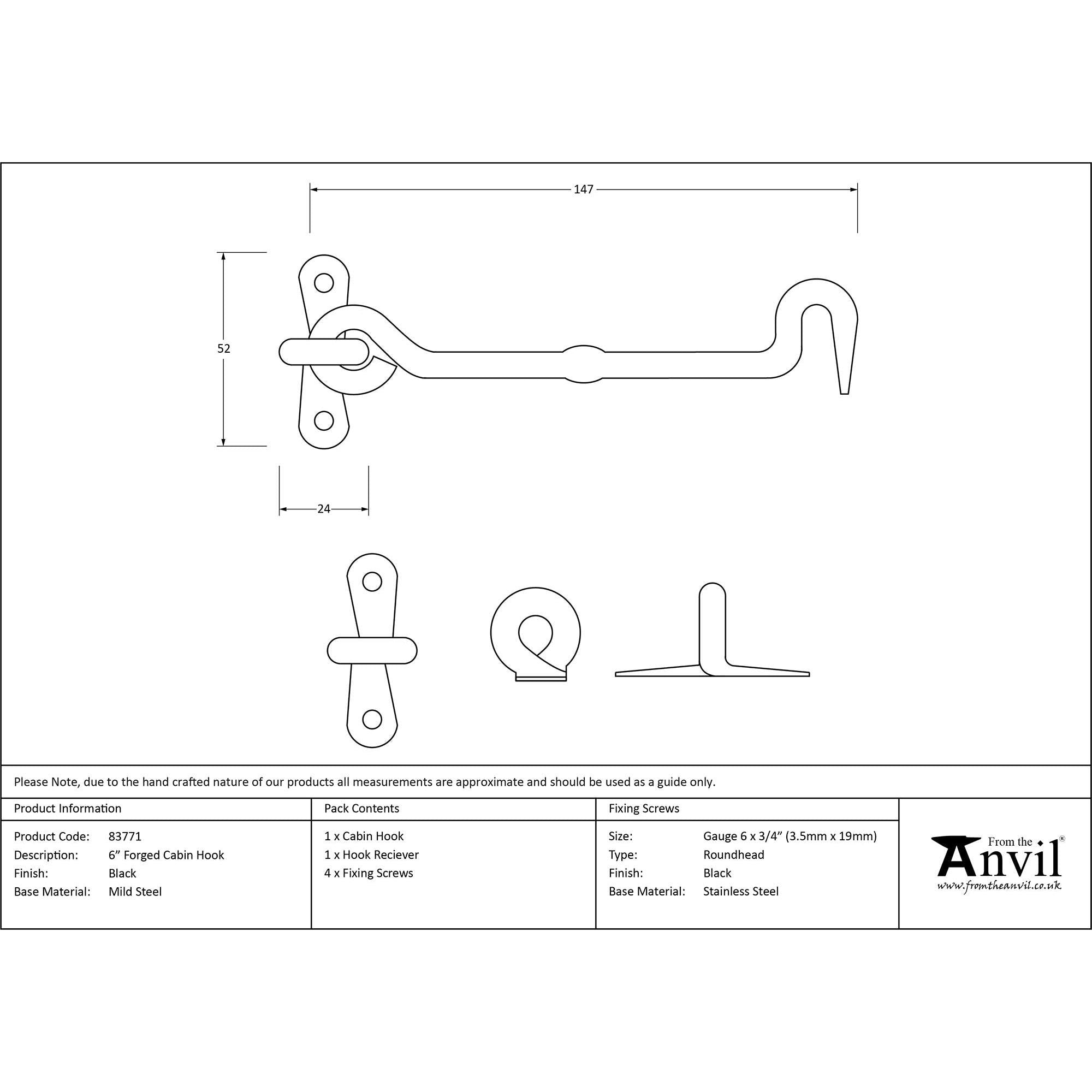 Black 6" Forged Cabin Hook | From The Anvil - Cabin Hooks - From The Anvil - Yester Home