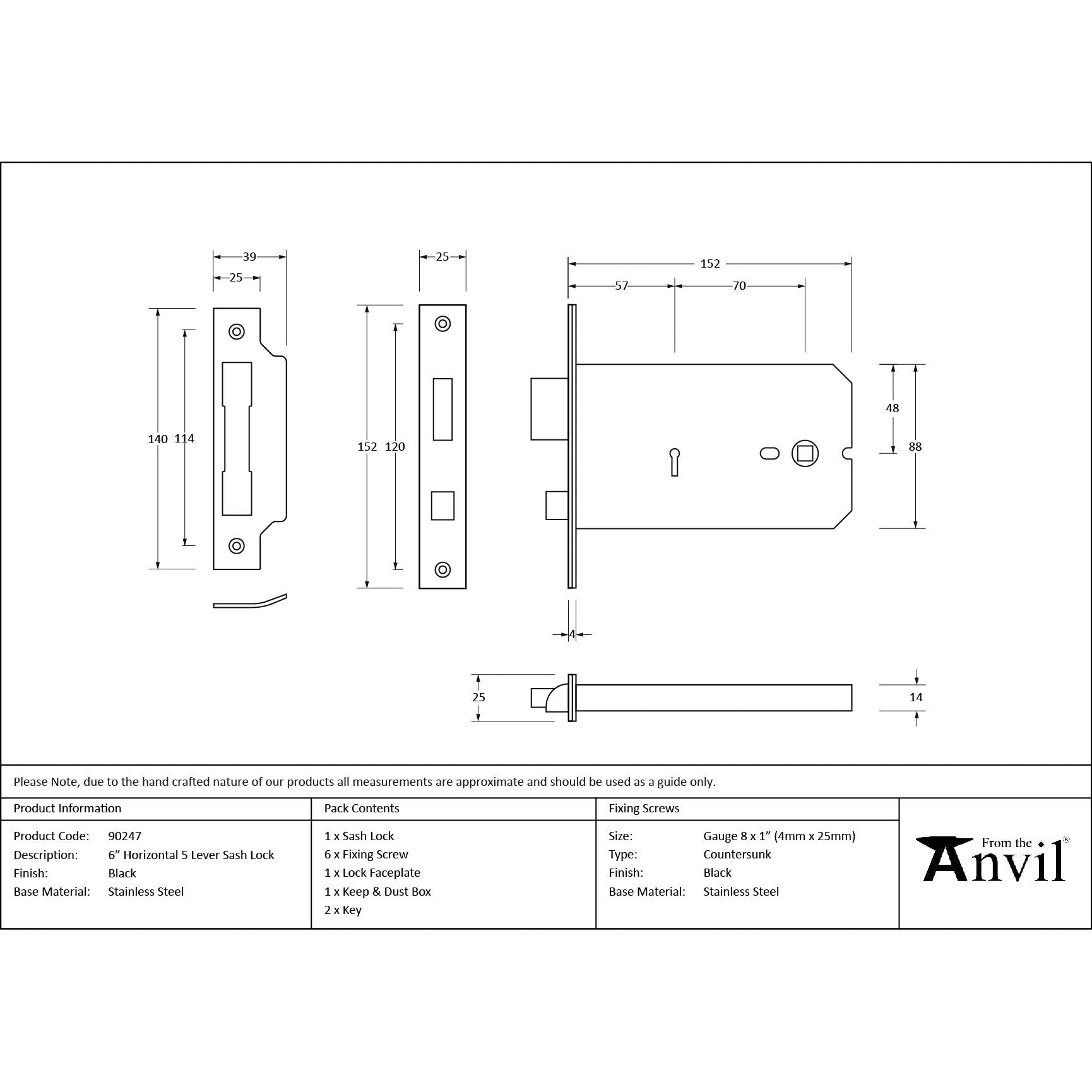 Black 6" Horizontal 5 Lever Sash Lock | From The Anvil - Horizontal Locks - From The Anvil - Yester Home