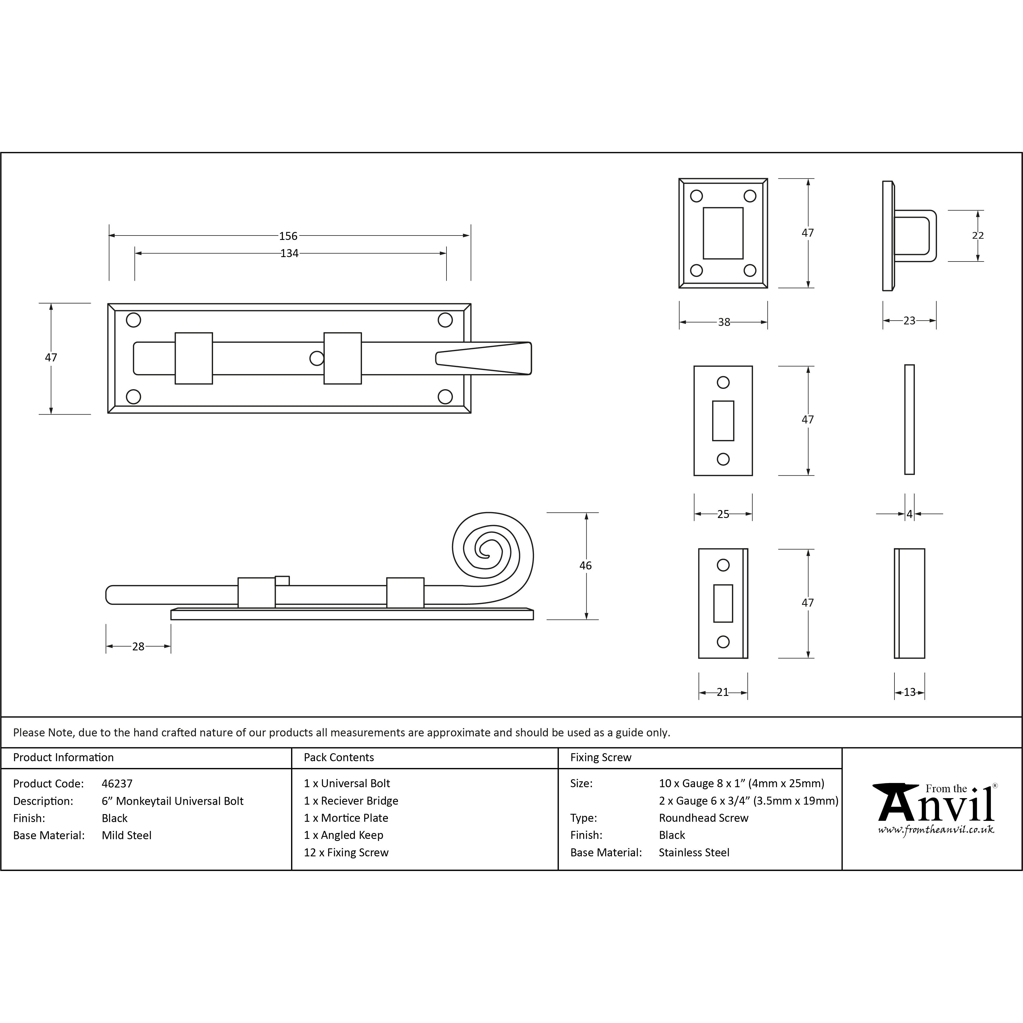Black 6" Monkeytail Universal Bolt | From The Anvil-Bolts-Yester Home
