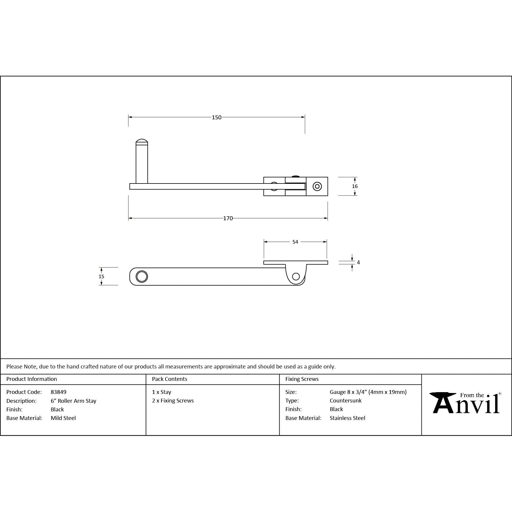 Black 6" Roller Arm Stay | From The Anvil - Stays - From The Anvil - Yester Home
