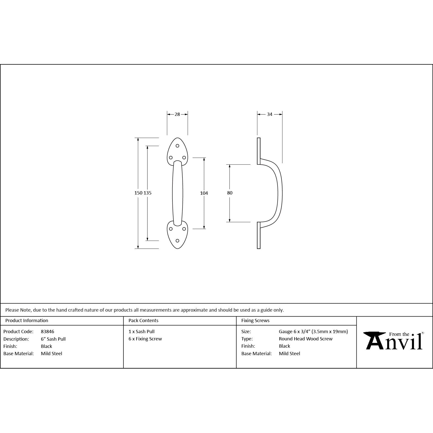 Black 6" Sash Pull | From The Anvil - Sash Lifts - From The Anvil - Yester Home