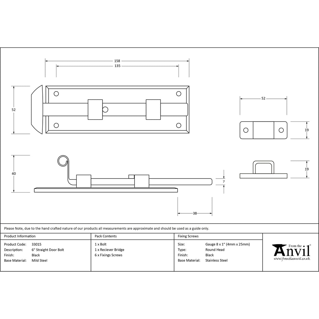 Black 6" Straight Door Bolt | From The Anvil-Bolts-Yester Home