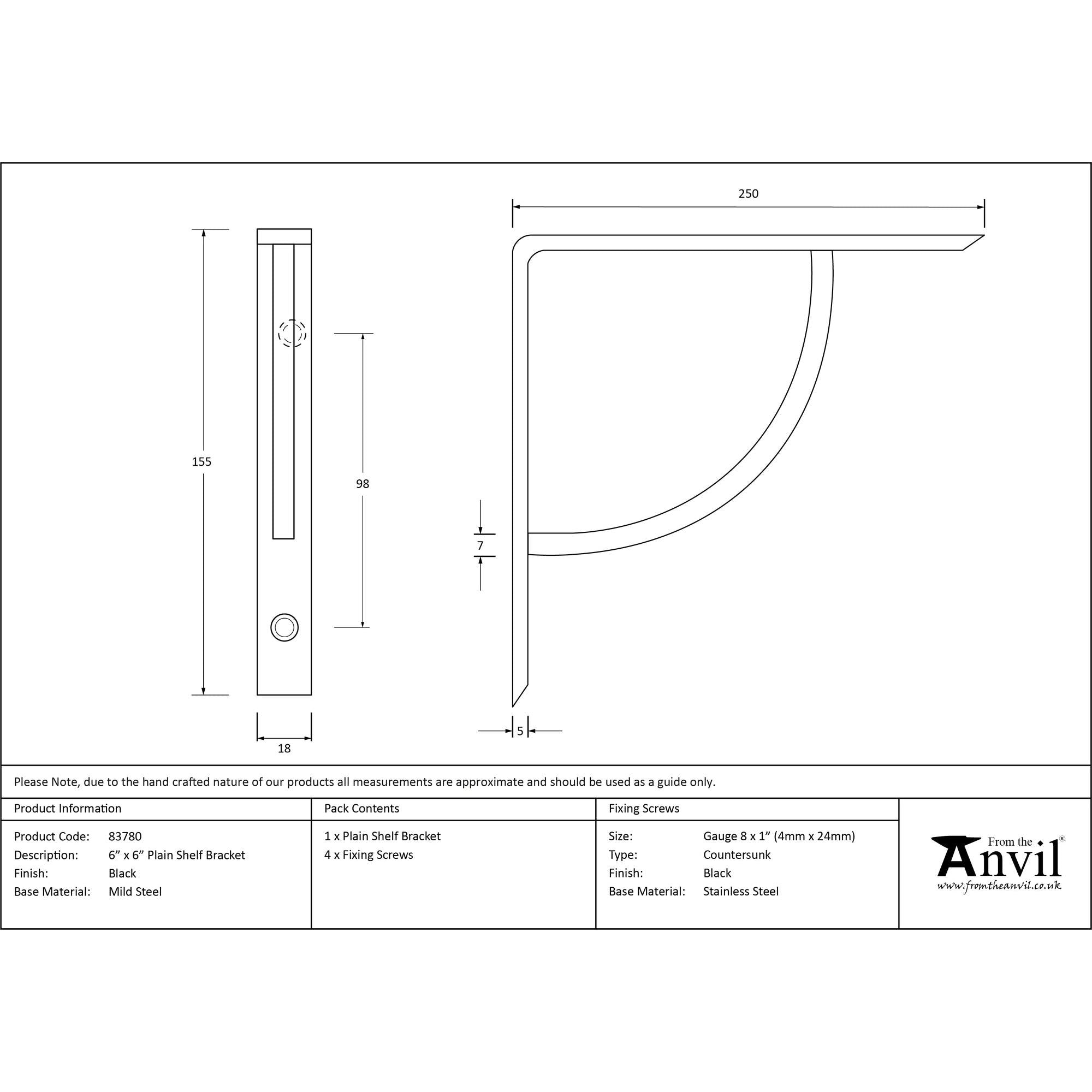 Black 6'' x 6'' Plain Shelf Bracket | From The Anvil - 4 - 6" Shelf Brackets - From The Anvil - Yester Home
