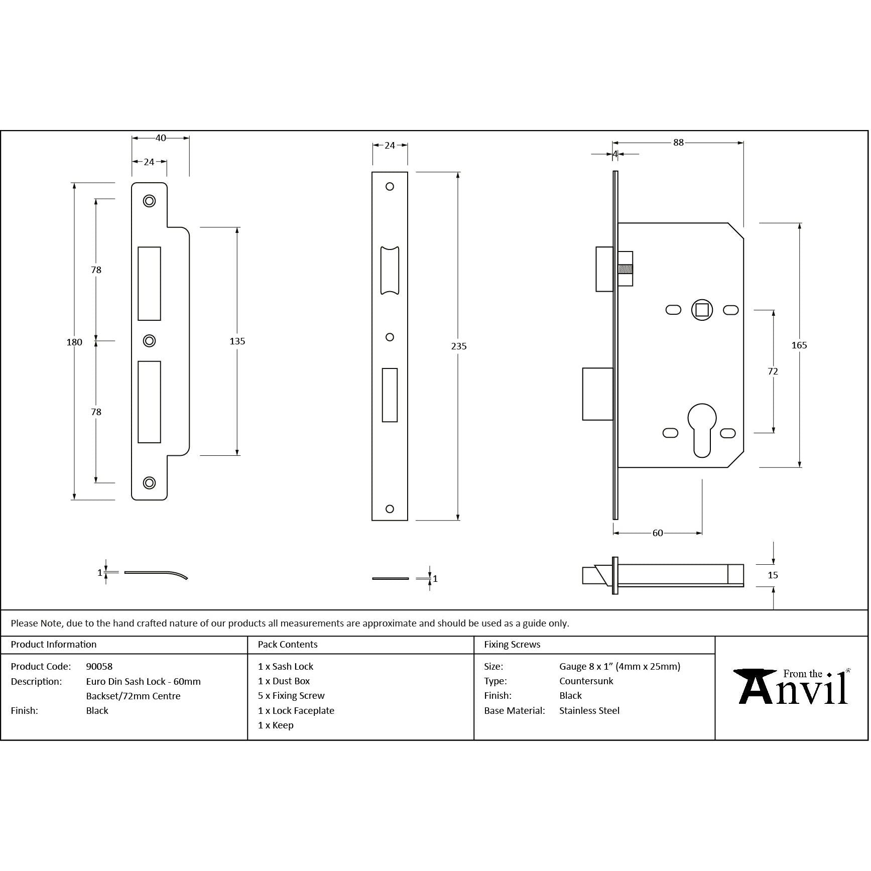 Black 60mm Backset 72mm Centre - Euro Sashlock | From The Anvil - Euro Locks - From The Anvil - Yester Home