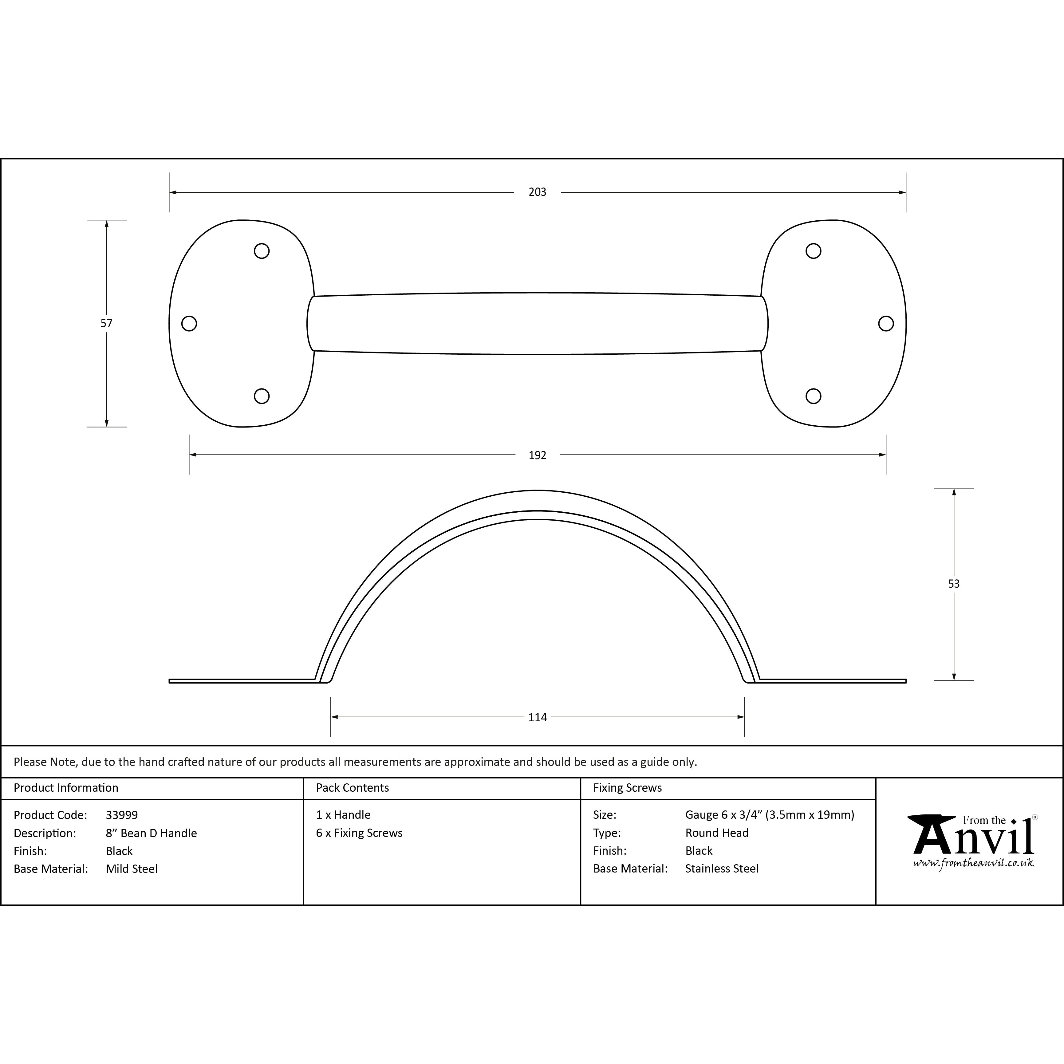 Black 8" Bean D Handle | From The Anvil-D Handles-Yester Home