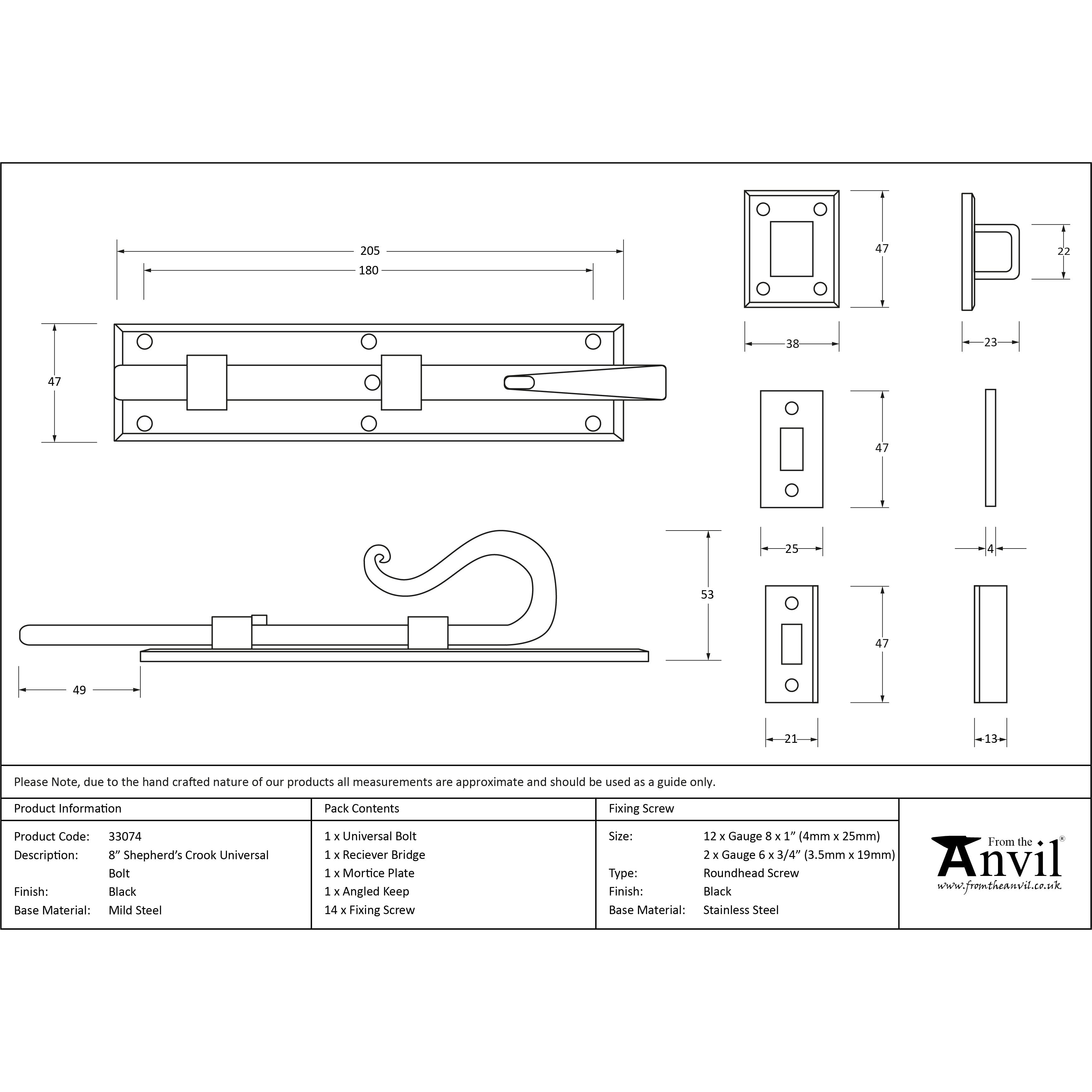Black 8" Shepherd's Crook Universal Bolt | From The Anvil-Bolts-Yester Home