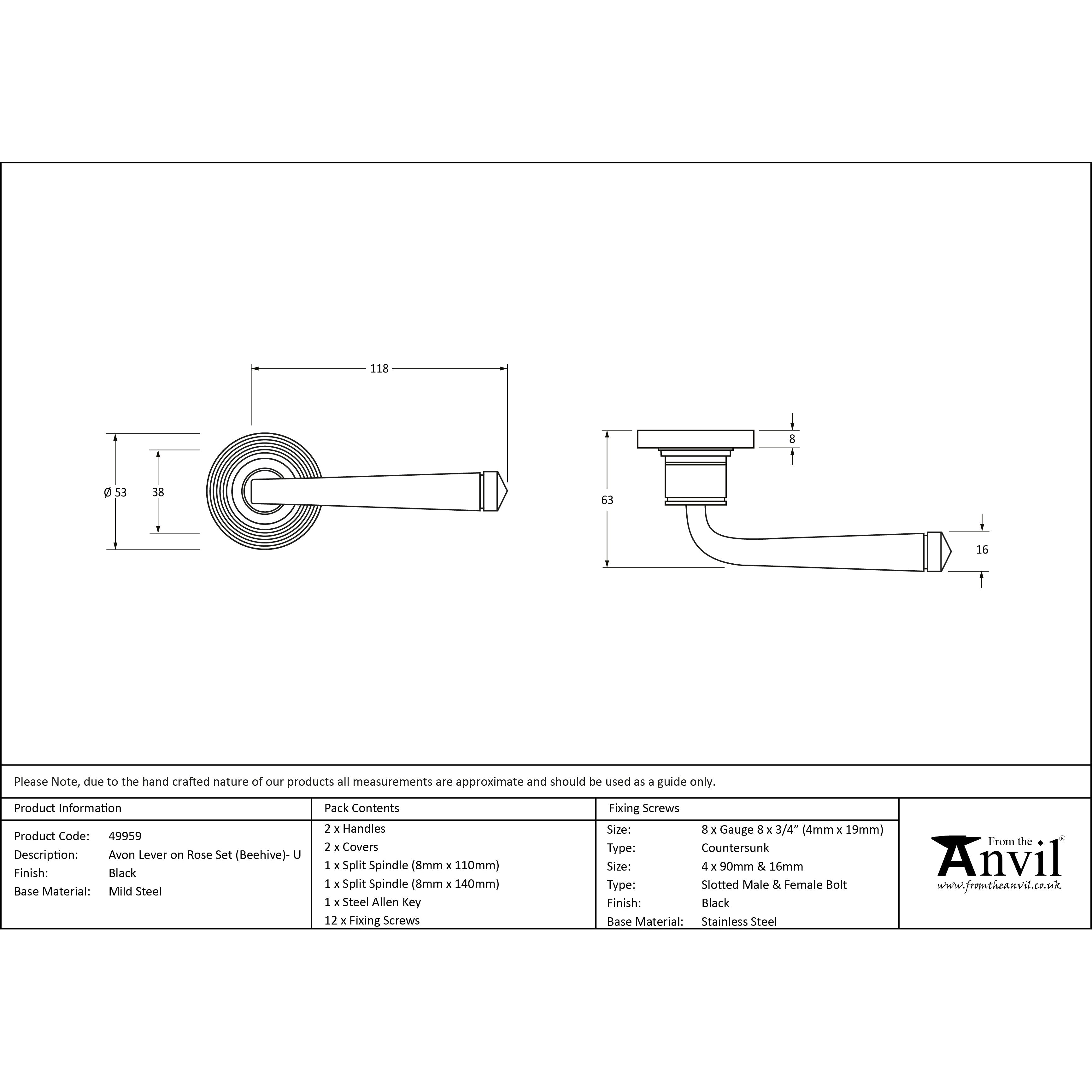Black Avon Round Lever on Rose Set (Beehive) - Unsprung | From The Anvil-Concealed-Yester Home