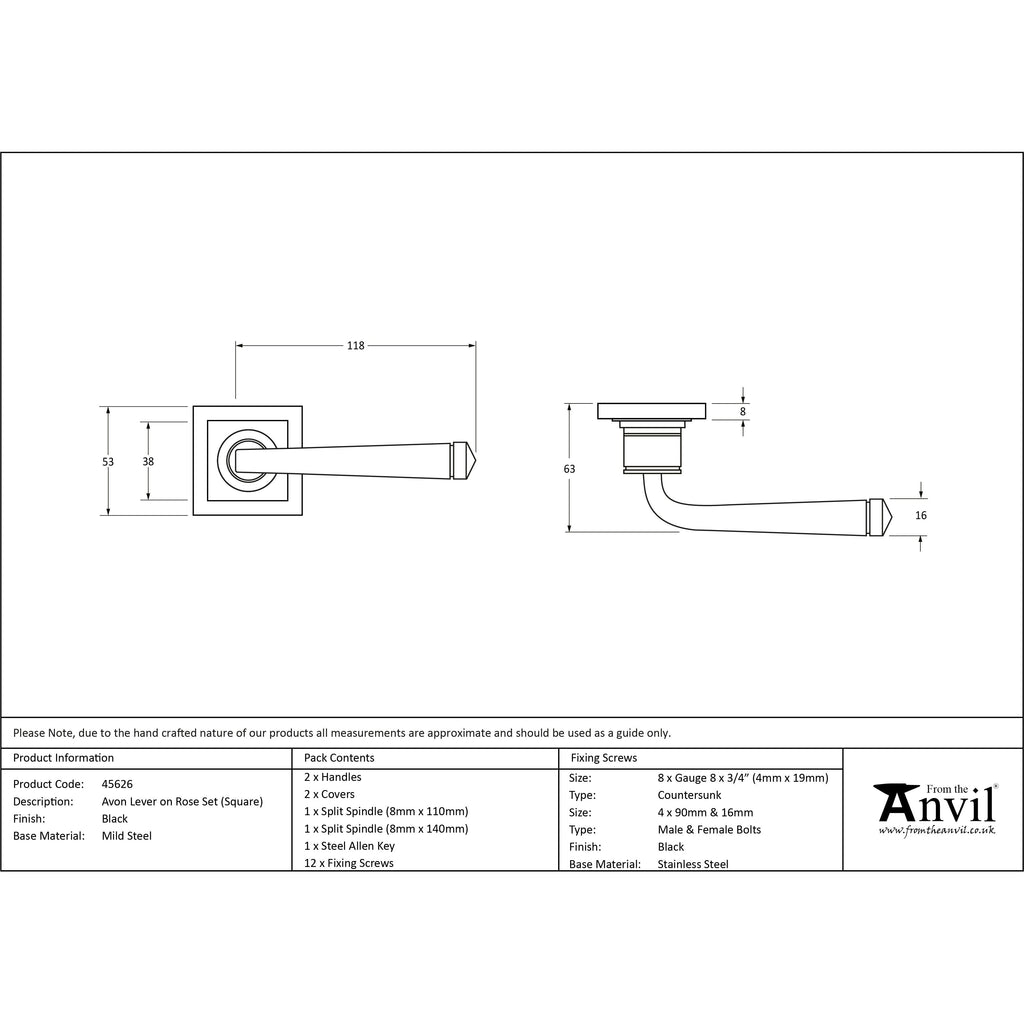 Black Avon Round Lever on Rose Set (Square) | From The Anvil-Concealed-Yester Home