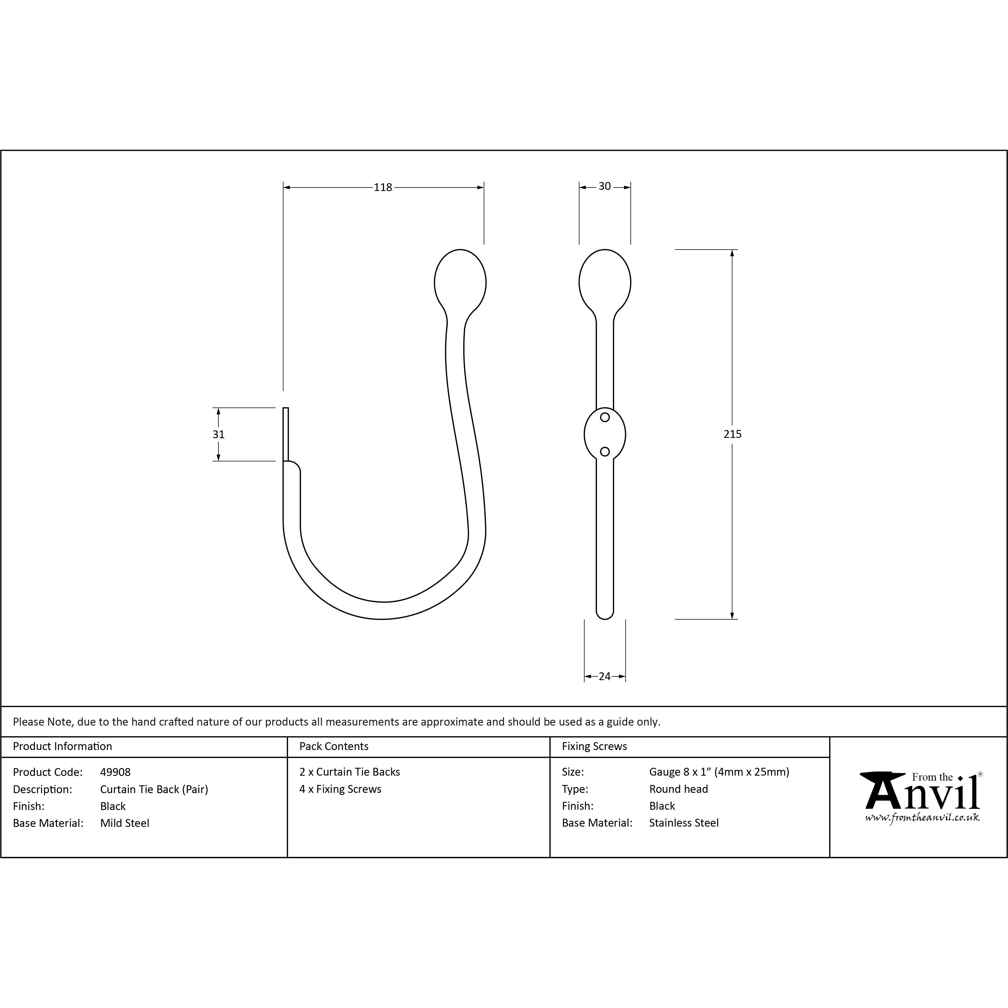 Black Curtain Tie Back (pair) | From The Anvil-Tie Backs-Yester Home