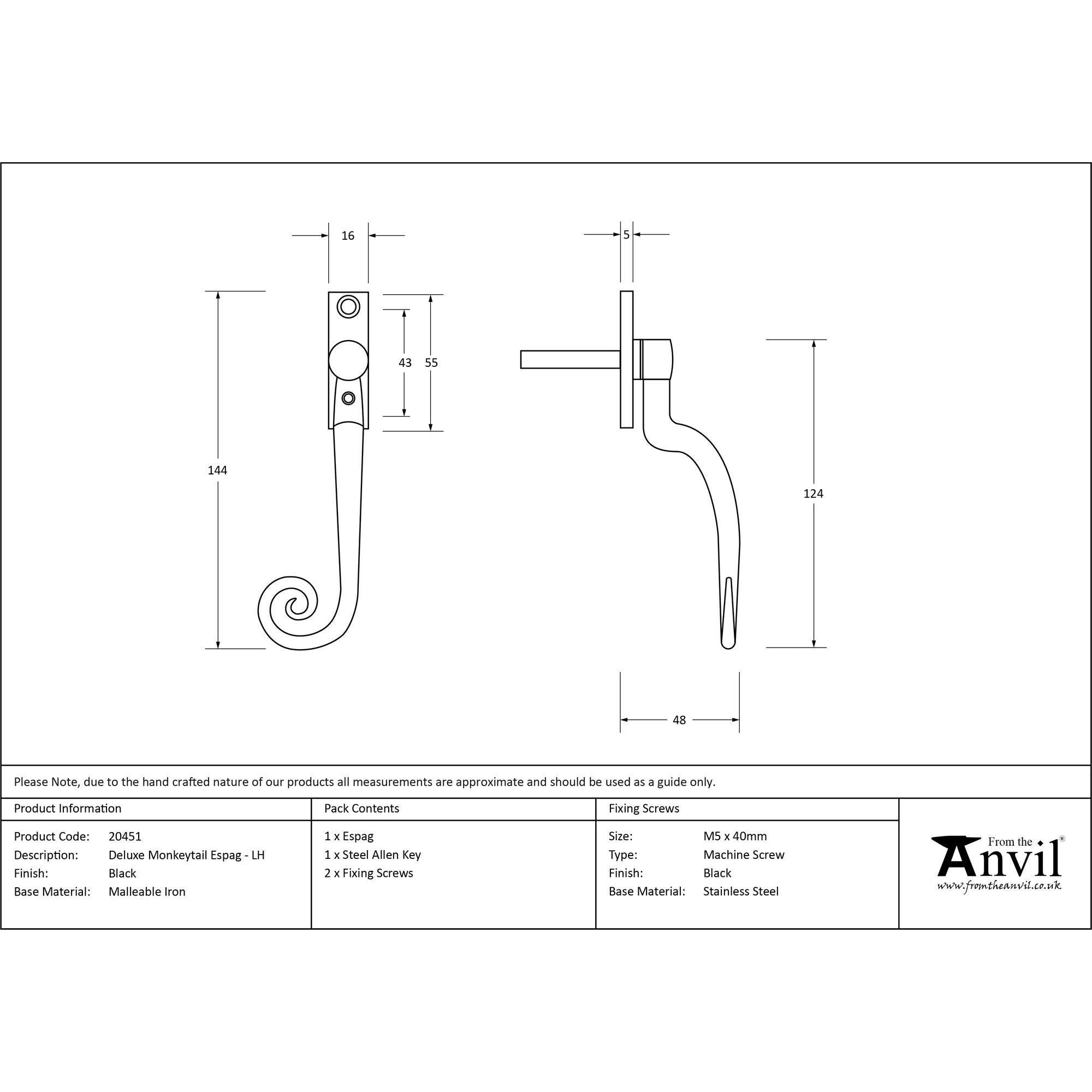 Black Deluxe Monkeytail Espag - LH | From The Anvil - Espag. Fasteners - From The Anvil - Yester Home
