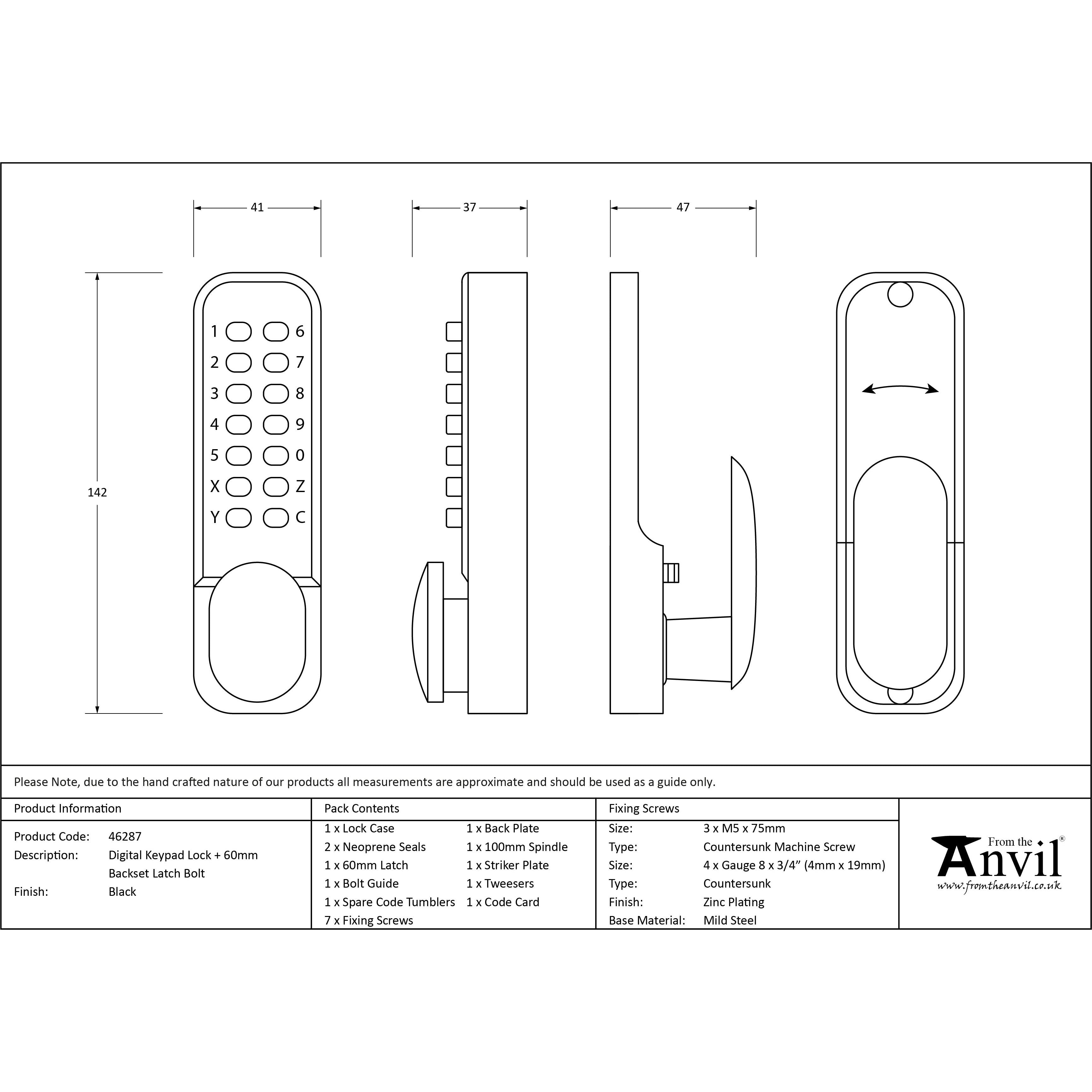 Black Digital Keypad Lock + 60mm Backset Latch Bolt | From The Anvil - Digital Keypad - From The Anvil - Yester Home