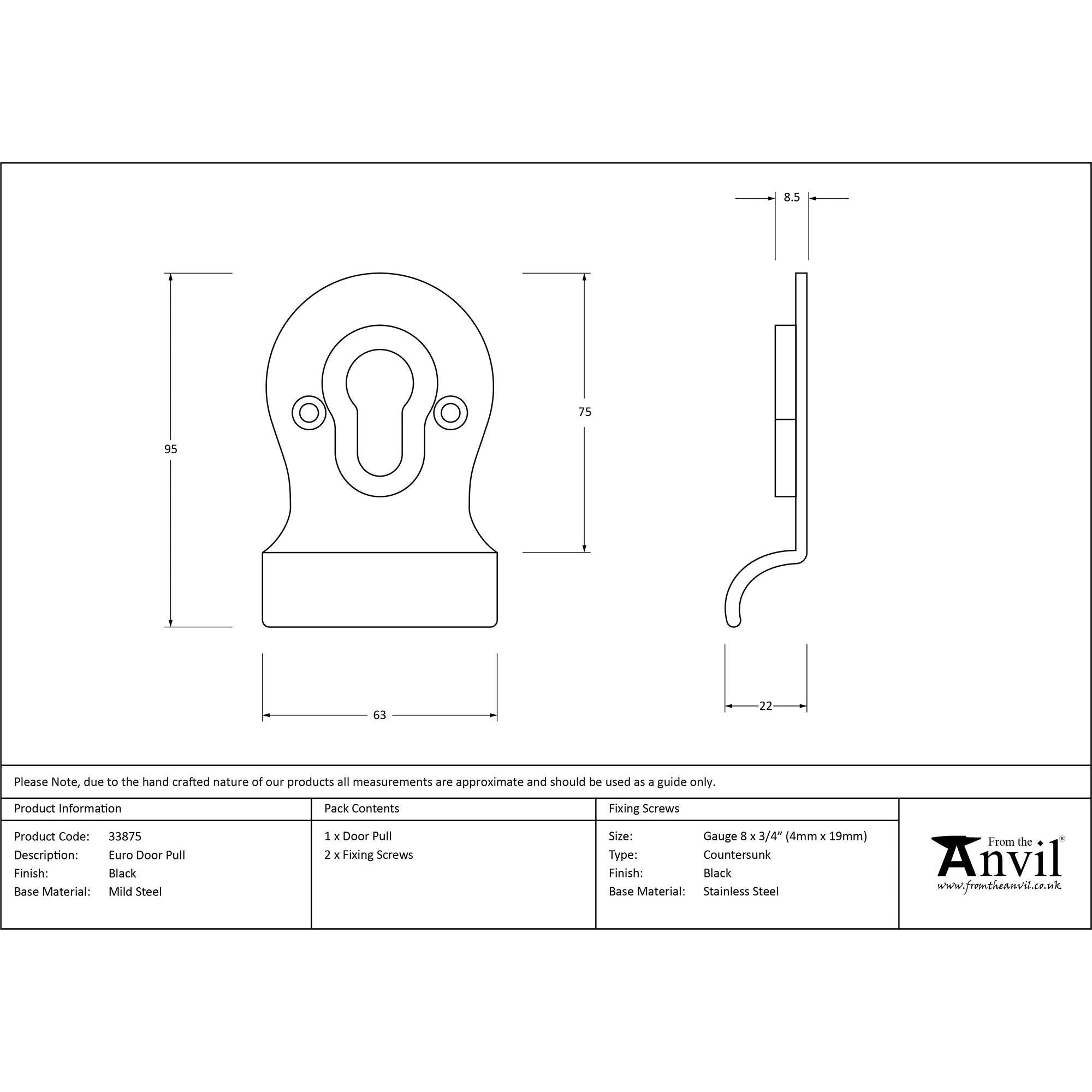 Black Euro Door Pull | From The Anvil - Euro Pulls - From The Anvil - Yester Home