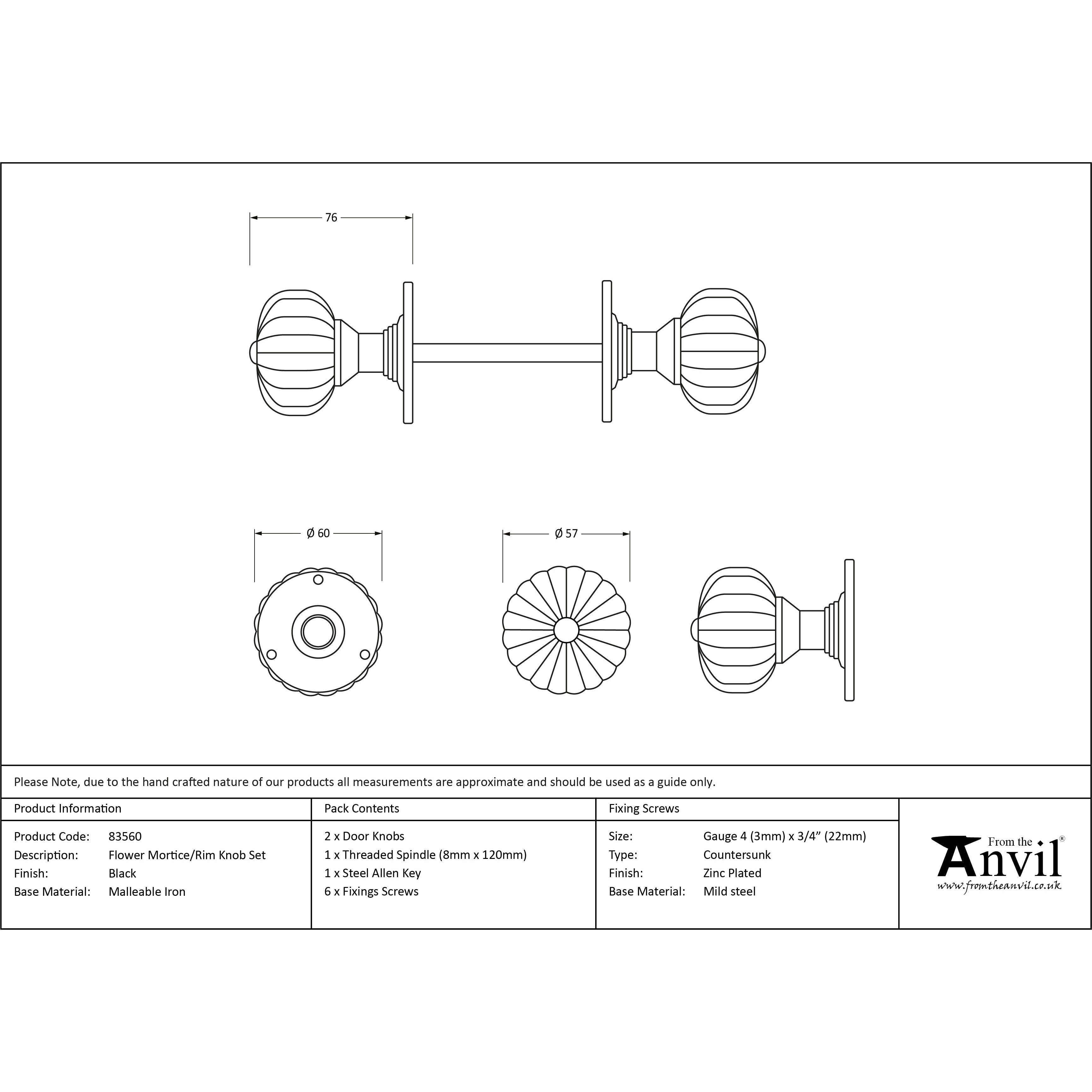 Black Flower Mortice Knob Set | From The Anvil-Mortice Knobs-Yester Home
