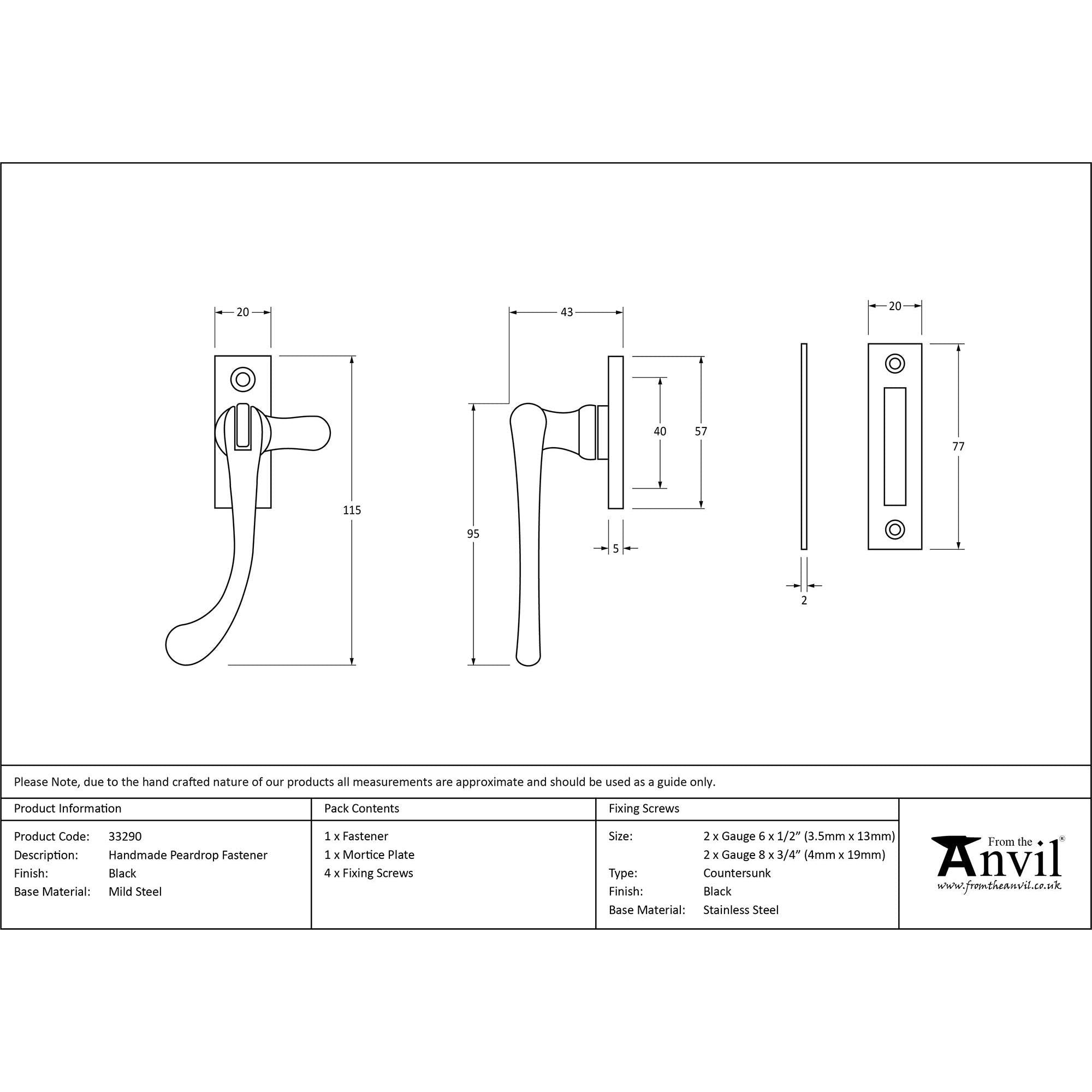 Black Handmade Peardrop Fastener | From The Anvil - Fasteners - From The Anvil - Yester Home