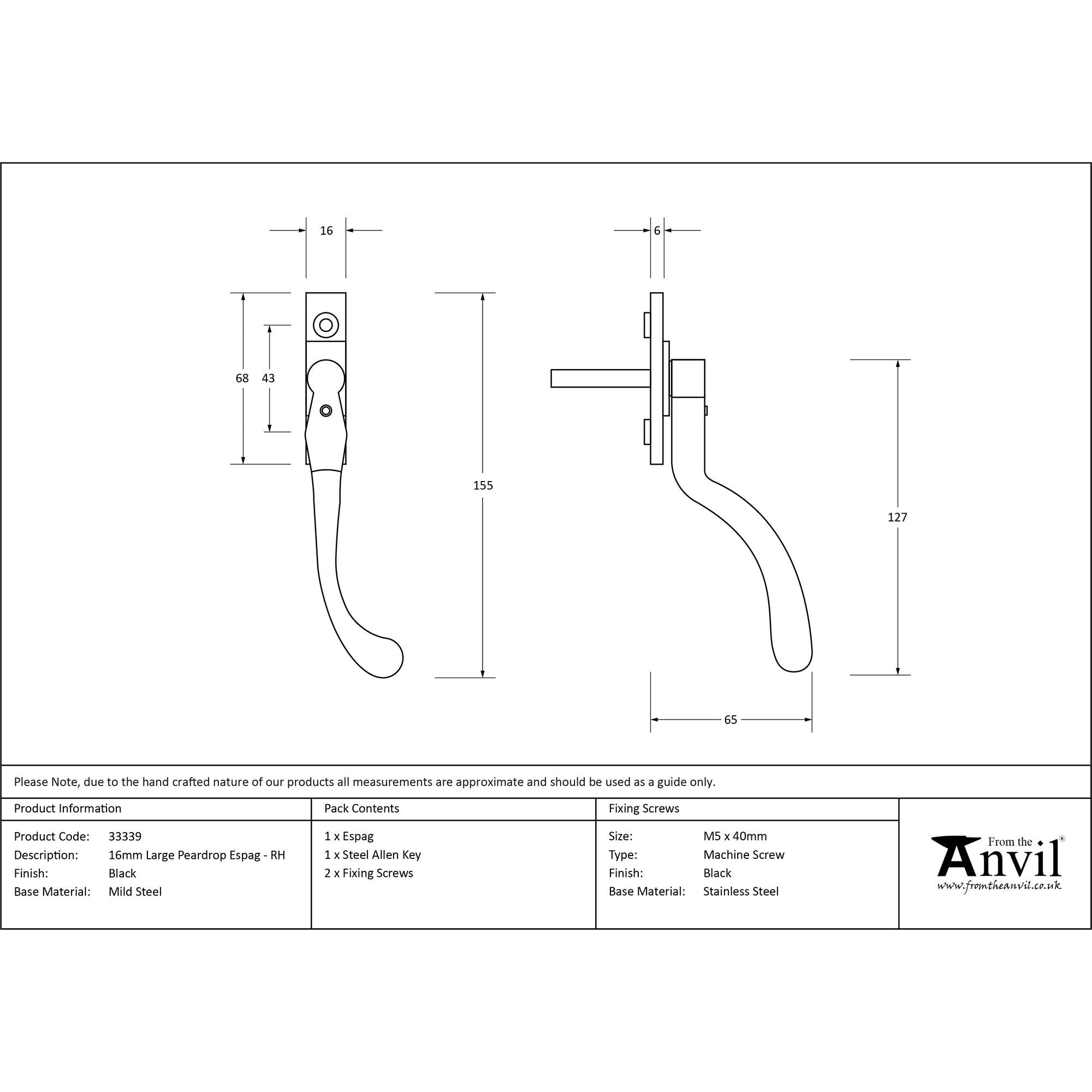 Black Large 16mm Peardrop Espag - RH | From The Anvil - Espag. Fasteners - From The Anvil - Yester Home