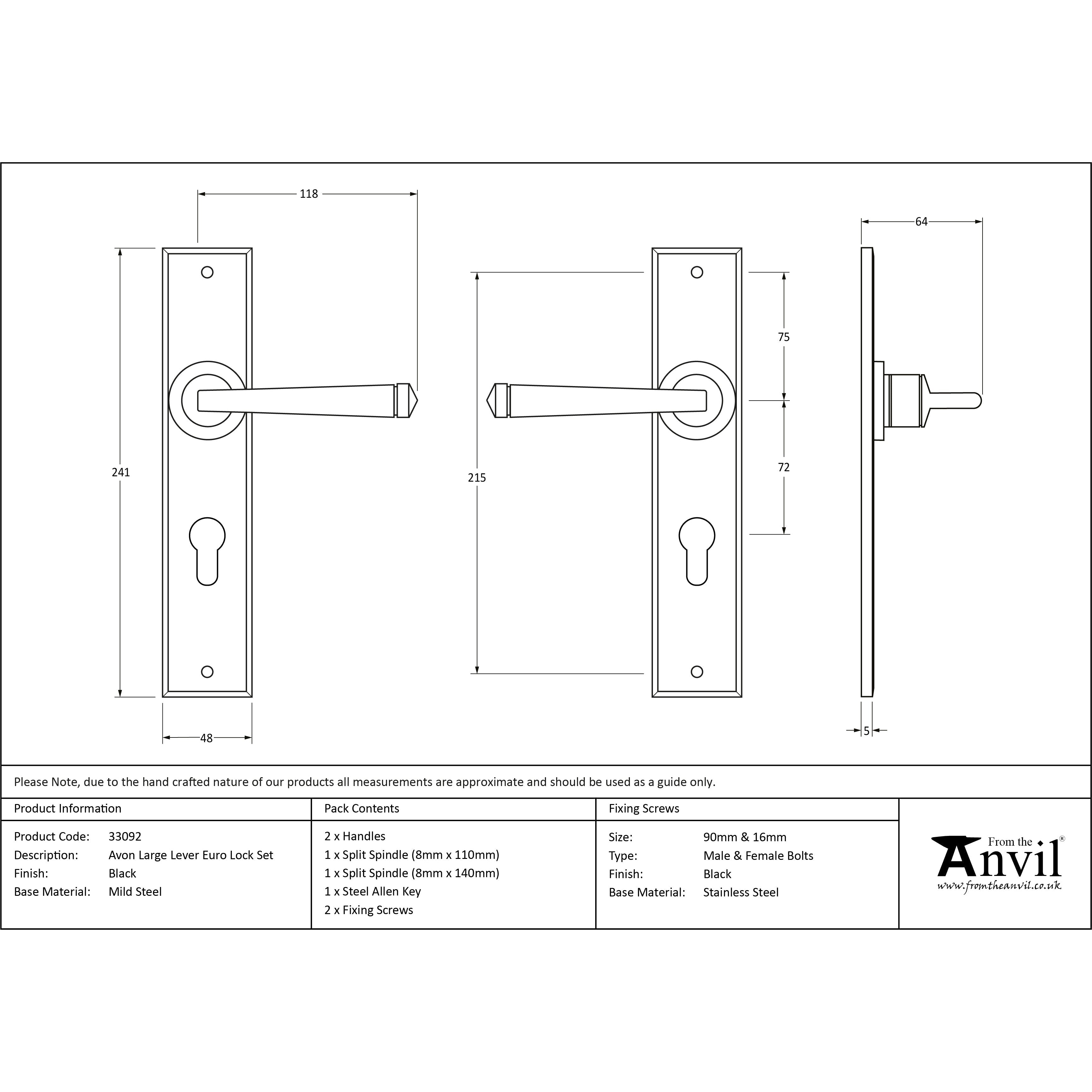 Black Large Avon 72mm Centre Euro Lock Set | From The Anvil-Lever Euro-Yester Home