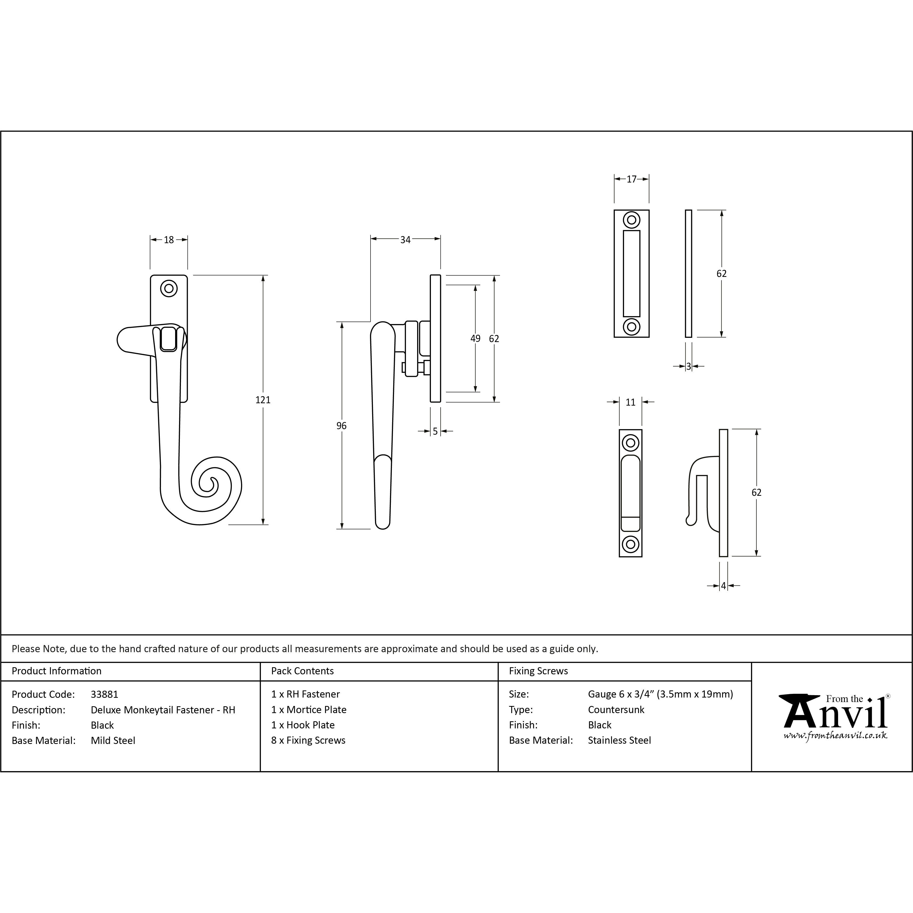 Black Locking Deluxe Monkeytail Fastener - RH | From The Anvil-Locking Fasteners-Yester Home