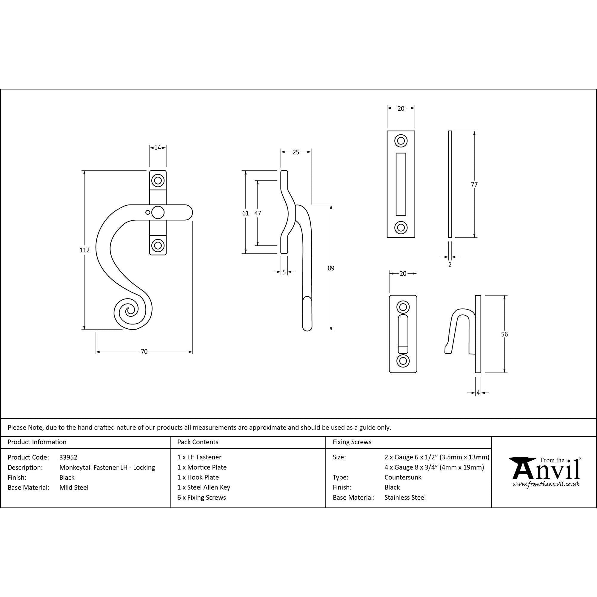 Black Locking Monkeytail Fastener - LH | From The Anvil - Locking Fasteners - From The Anvil - Yester Home