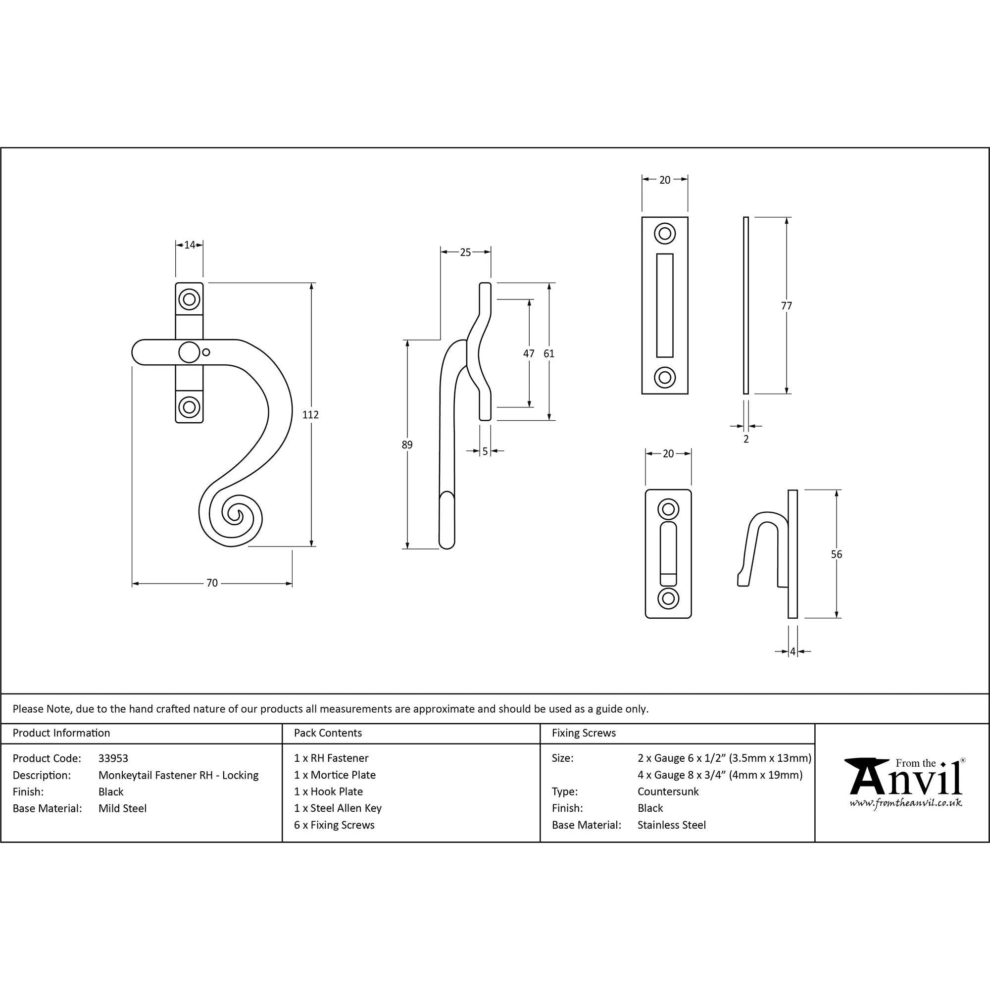Black Locking Monkeytail Fastener - RH | From The Anvil - Locking Fasteners - From The Anvil - Yester Home