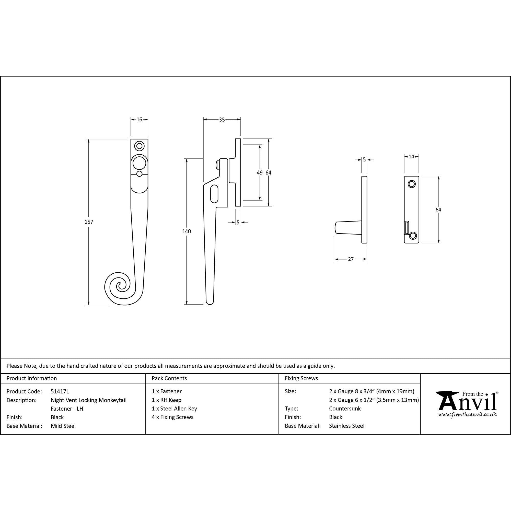 Black Locking Night-Vent Monkeytail Fastener - LH | From The Anvil - Night-Vent Fasteners - From The Anvil - Yester Home