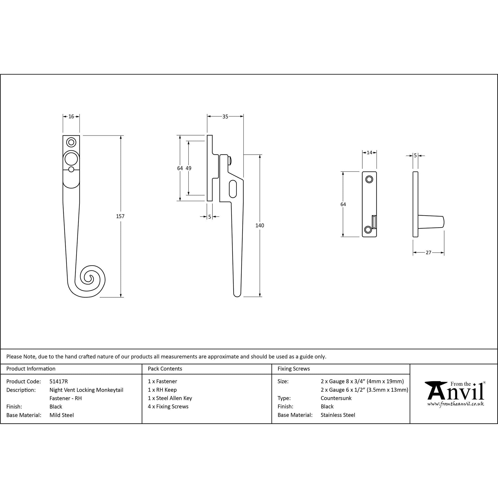 Black Locking Night-Vent Monkeytail Fastener - RH | From The Anvil - Night-Vent Fasteners - From The Anvil - Yester Home