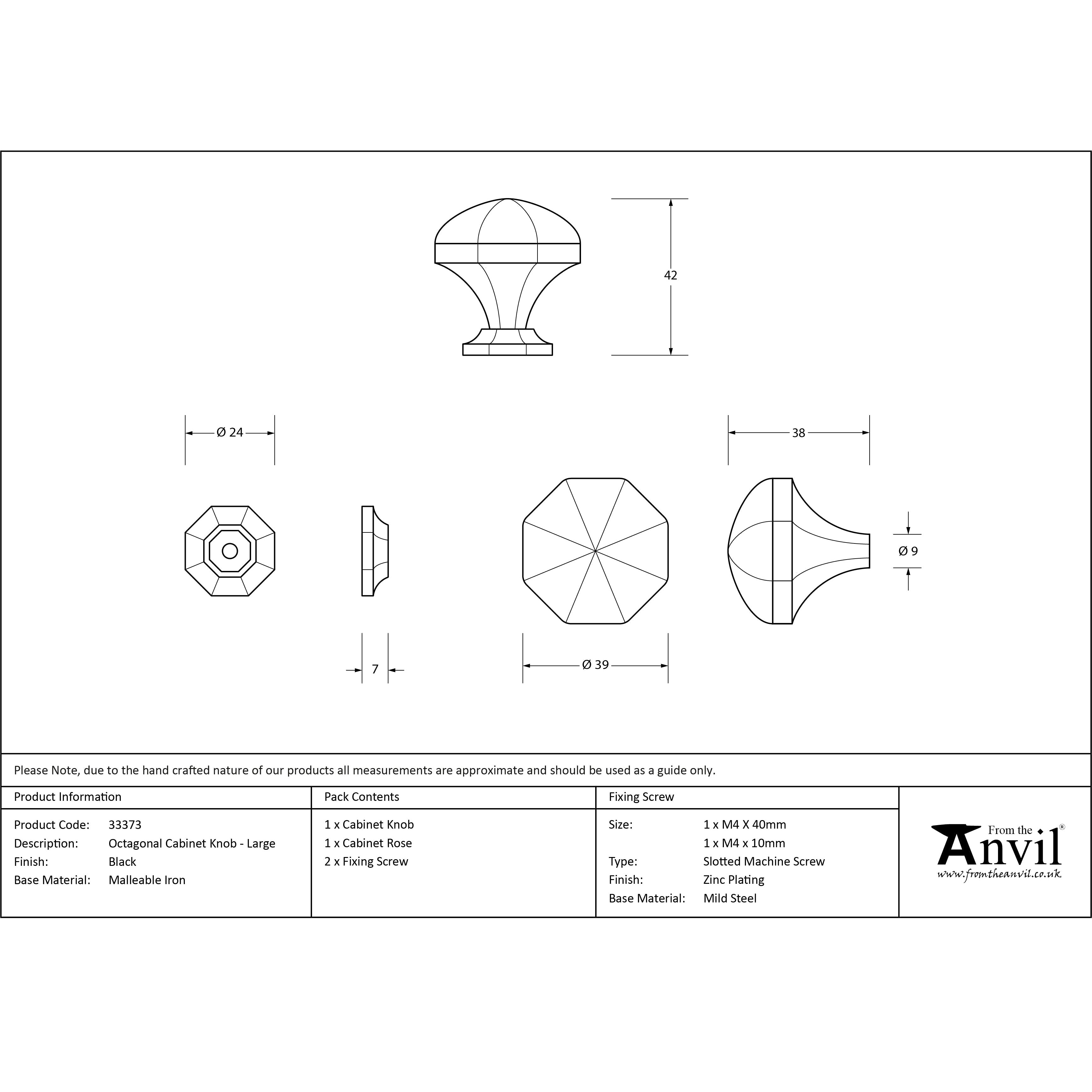 Black Octagonal Cabinet Knob - Large | From The Anvil-Cabinet Knobs-Yester Home