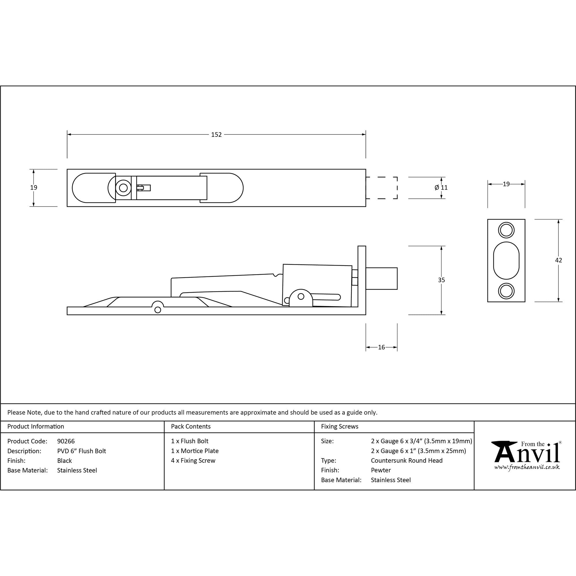 Black PVD Stainless Steel 6" Flush Bolt | From The Anvil - Bolts - From The Anvil - Yester Home