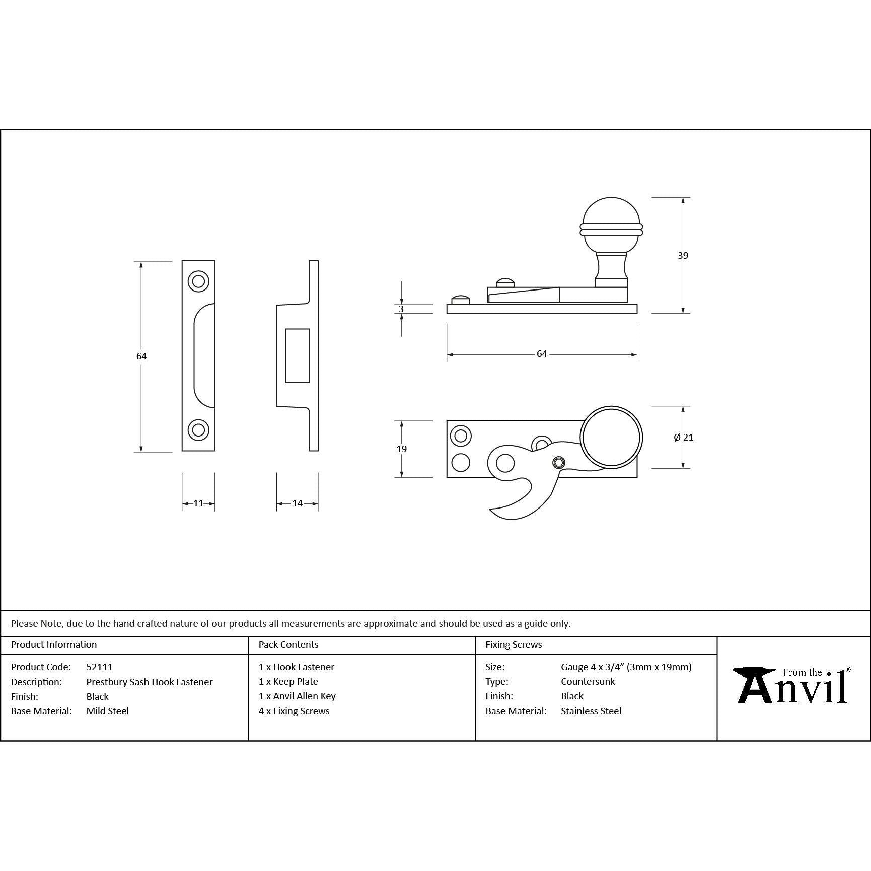 Black Prestbury Sash Hook Fastener - Sash Hook Fasteners - From The Anvil - Yester Home
