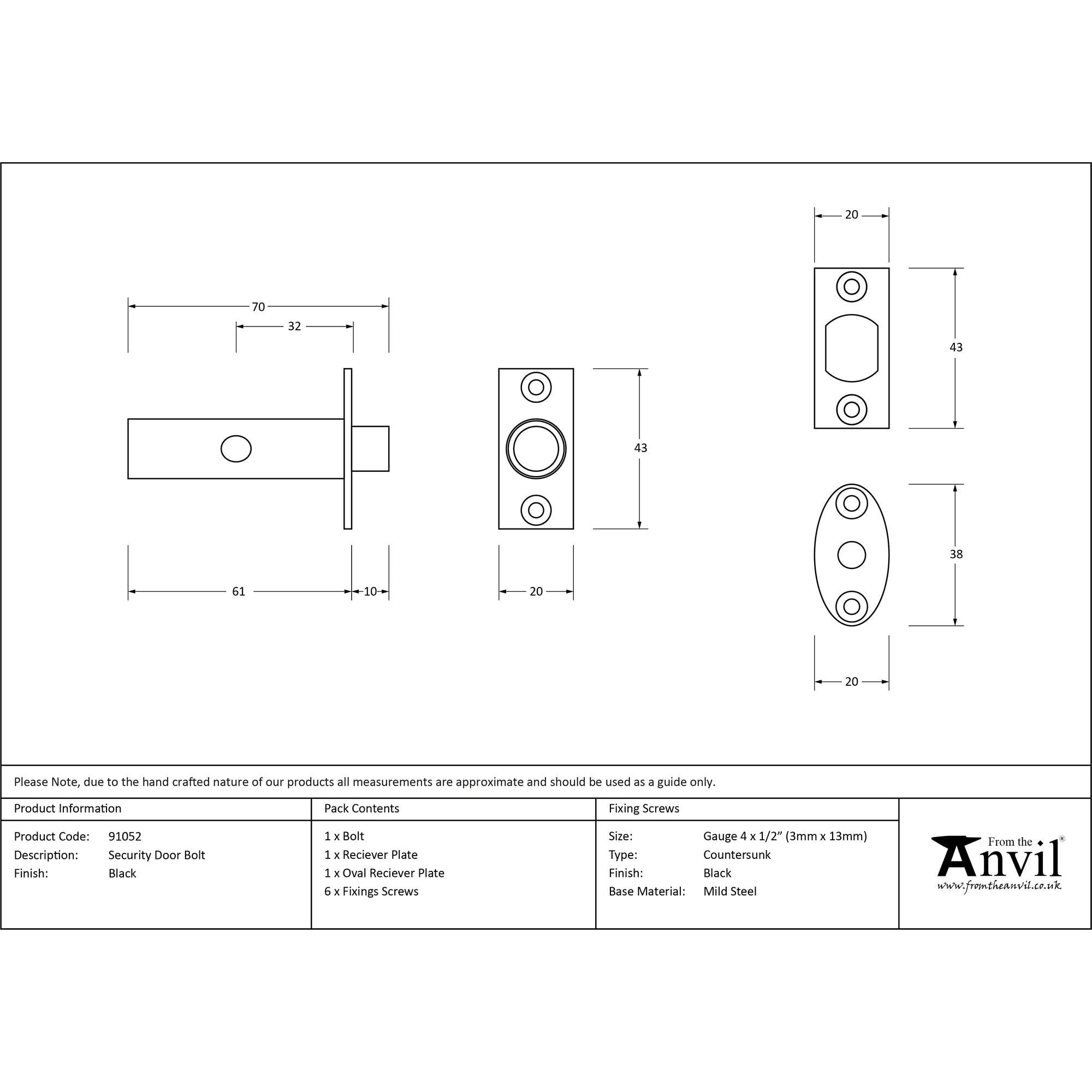 Black Security Door Bolt | From The Anvil - Bolts - From The Anvil - Yester Home
