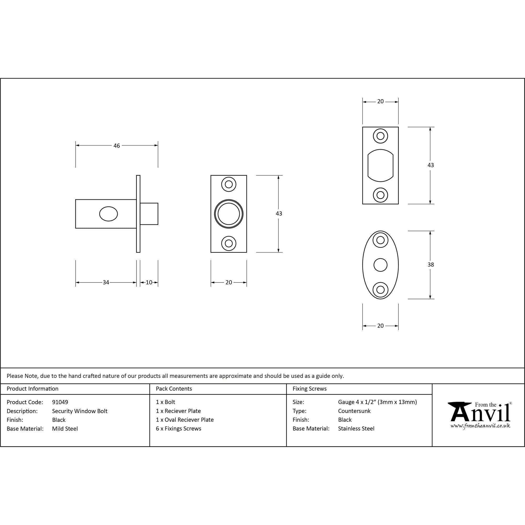 Black Security Window Bolt | From The Anvil - Bolts - From The Anvil - Yester Home