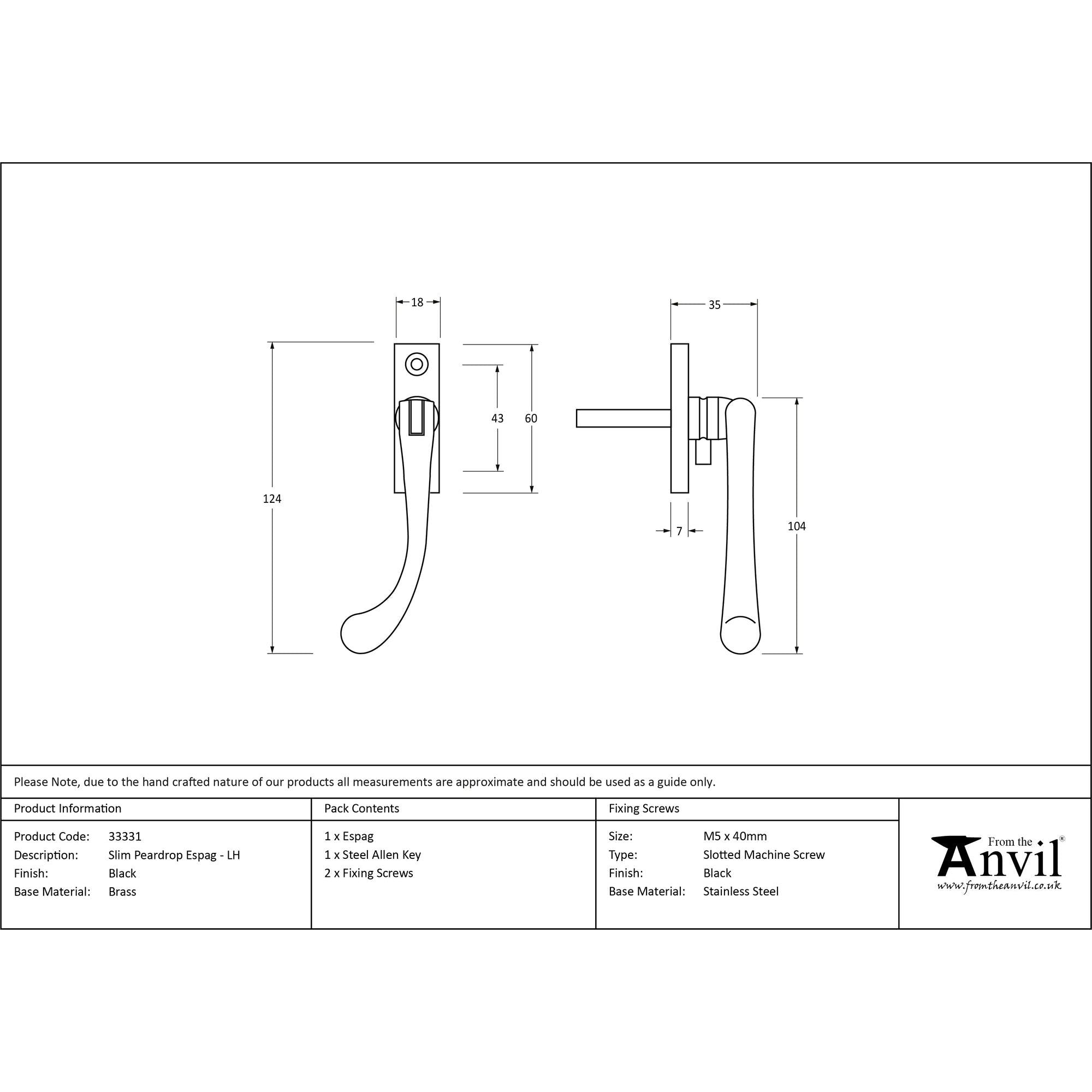 Black Slim Peardrop Espag - LH | From The Anvil - Espag. Fasteners - From The Anvil - Yester Home