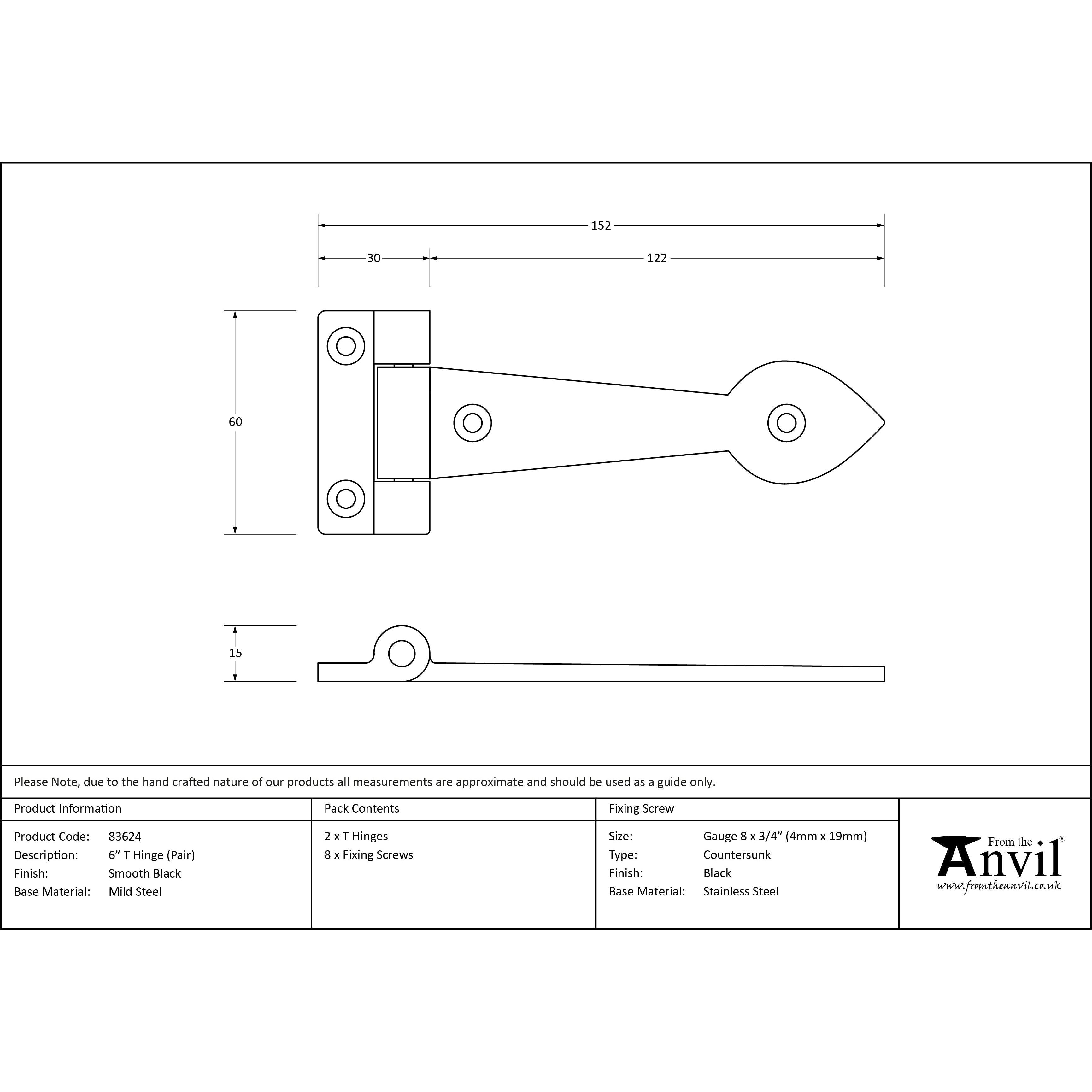 Black Smooth 6" Cast T Hinge (pair) | From The Anvil-T Hinges-Yester Home
