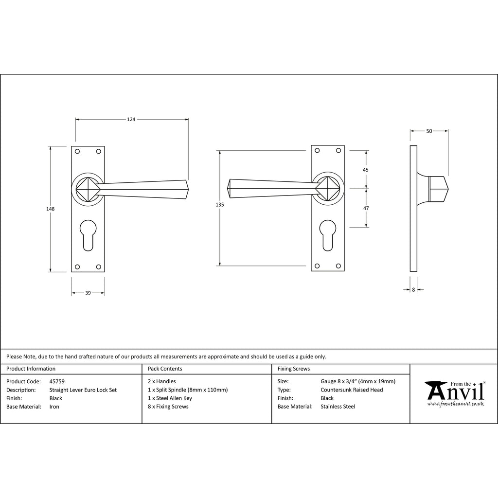 Black Straight Lever Euro Lock Set | From The Anvil-Lever Euro-Yester Home