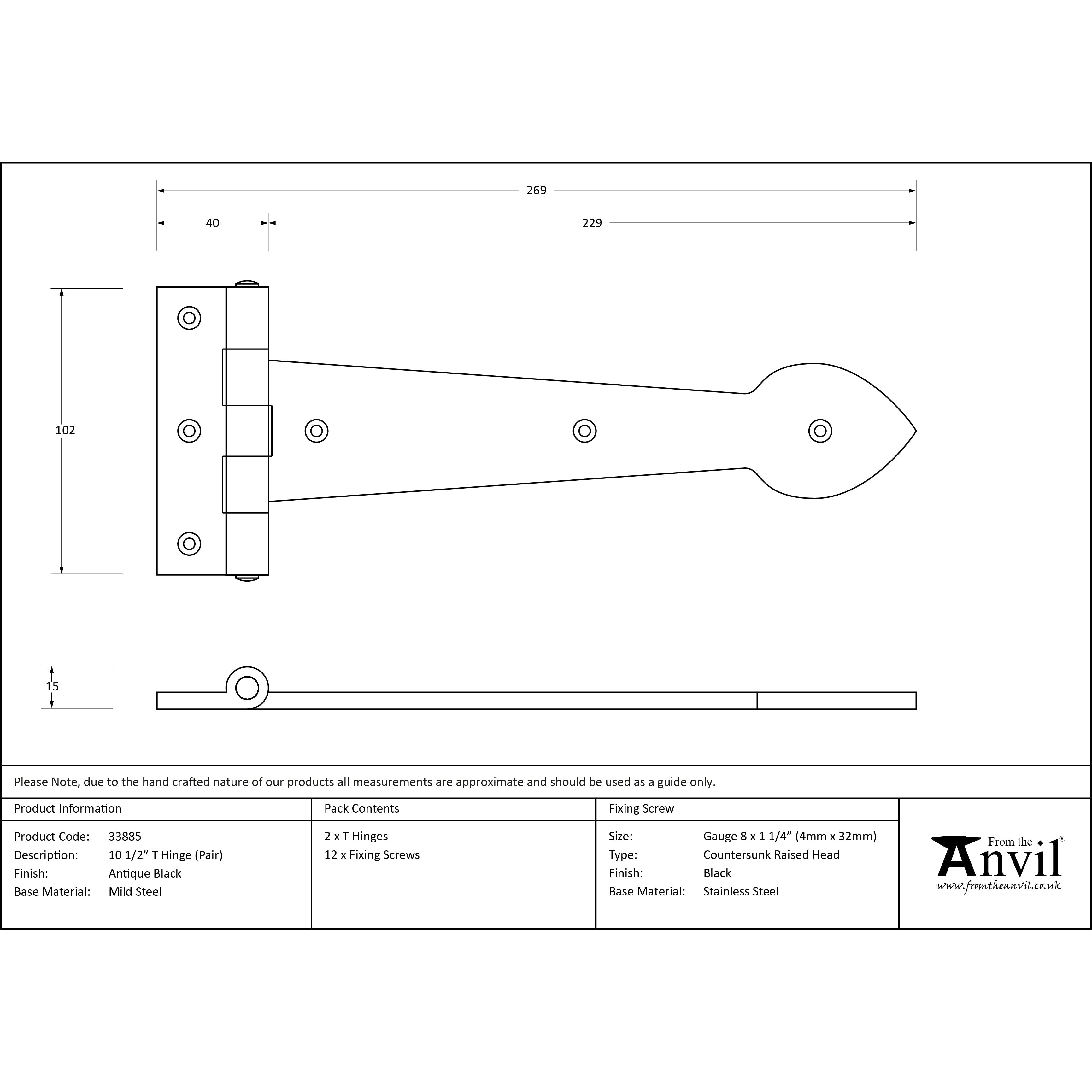 Black Textured 10½" Cast T Hinge (pair) | From The Anvil-T Hinges-Yester Home