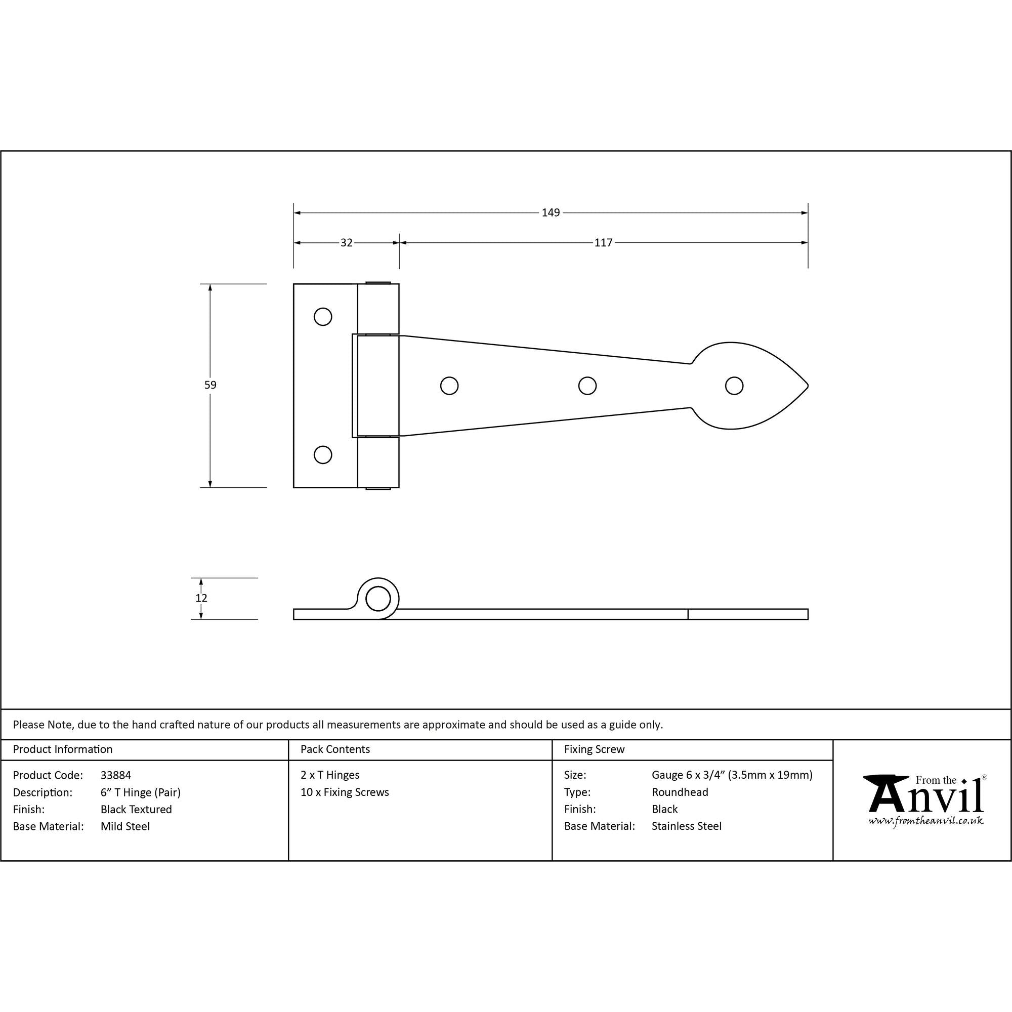 Black Textured 6" Cast T Hinge (pair) | From The Anvil - T Hinges - From The Anvil - Yester Home