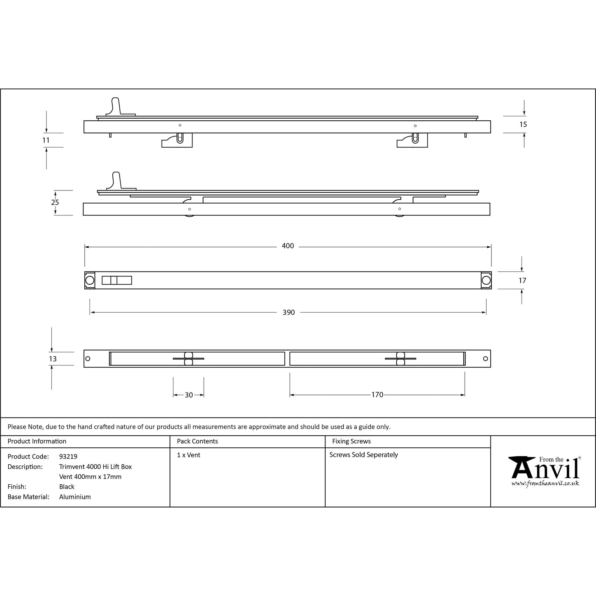 Black Trimvent 4000 Hi Lift Box Vent 400mm x 17mm | From The Anvil - Window Ventilation - From The Anvil - Yester Home