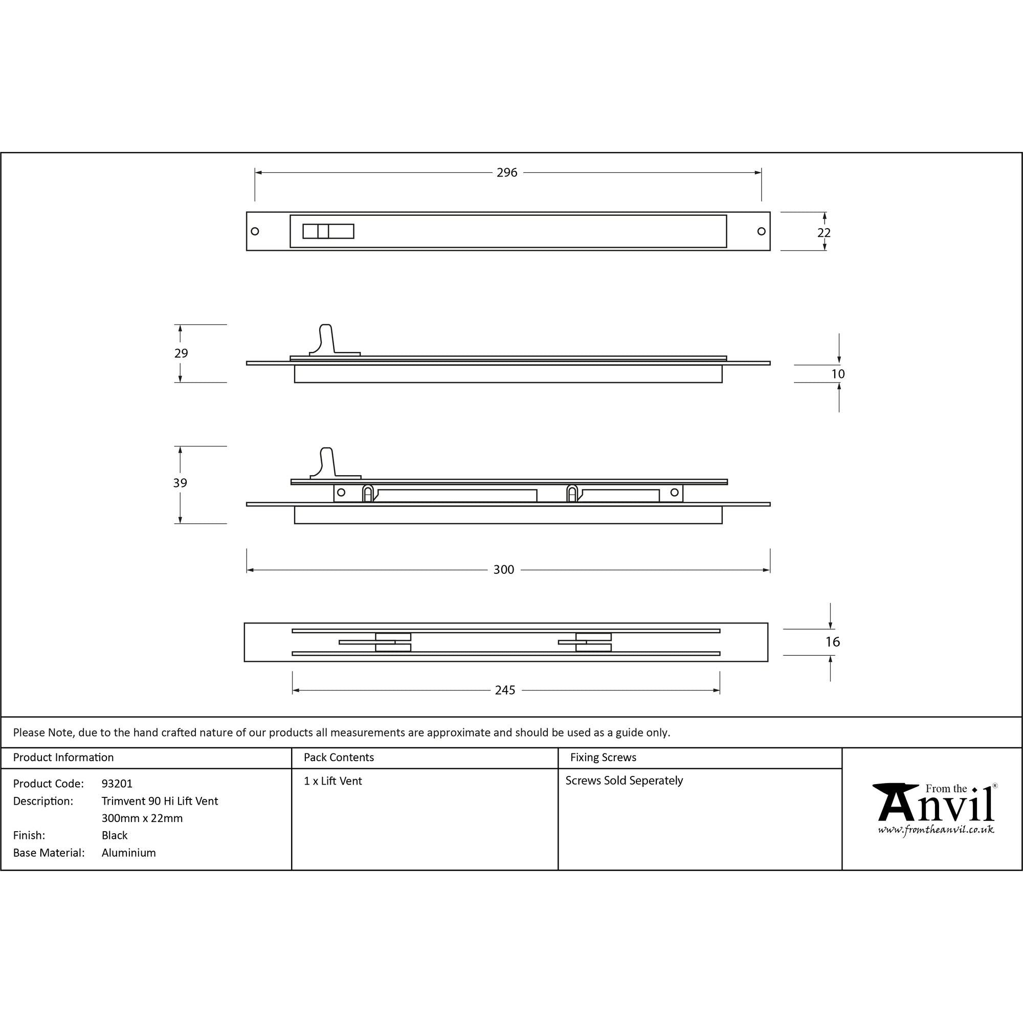Black Trimvent 90 Hi Lift Vent 300mm x 22mm | From The Anvil - Window Ventilation - From The Anvil - Yester Home