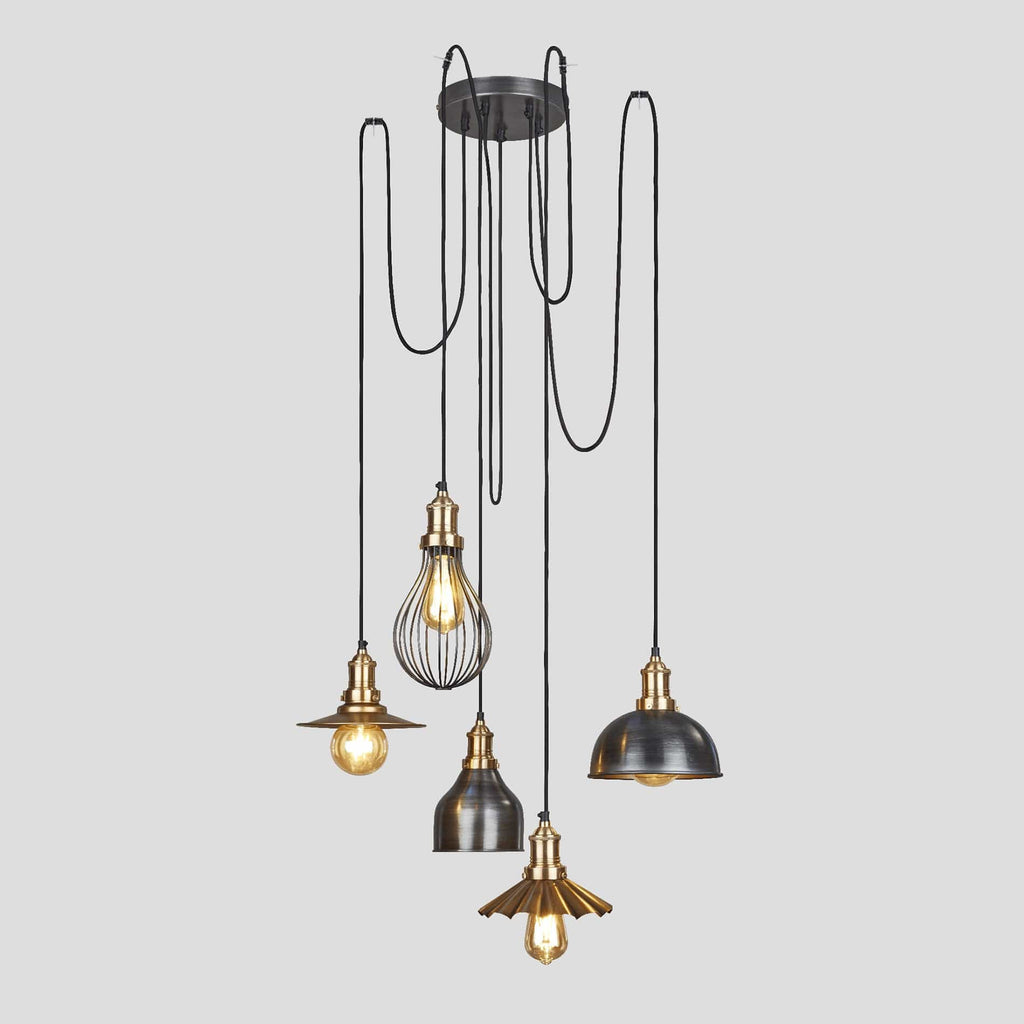 Brooklyn 5 Wire Pendant - Brass - Includes Shades-Ceiling Lights-Yester Home
