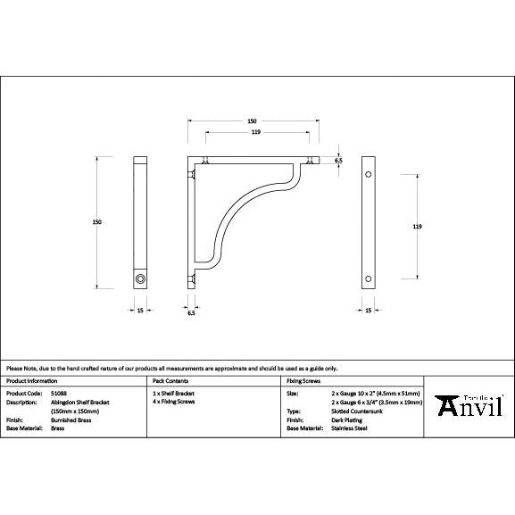 Burnished Brass Abingdon Shelf Bracket (150mm x 150mm) - Shelf Brackets - From The Anvil - Yester Home