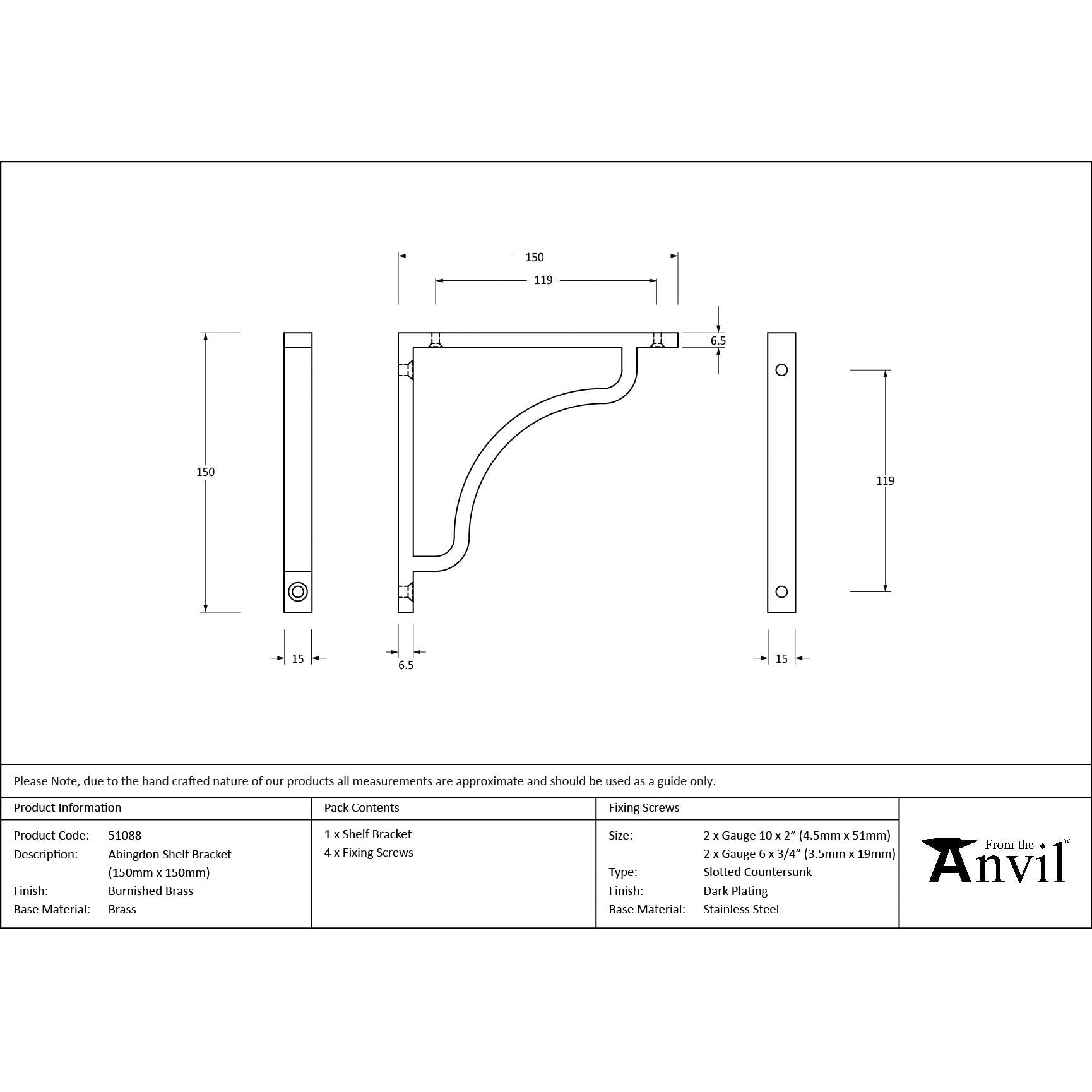 Burnished Brass Abingdon Shelf Bracket (150mm x 150mm) - Shelf Brackets - From The Anvil - Yester Home