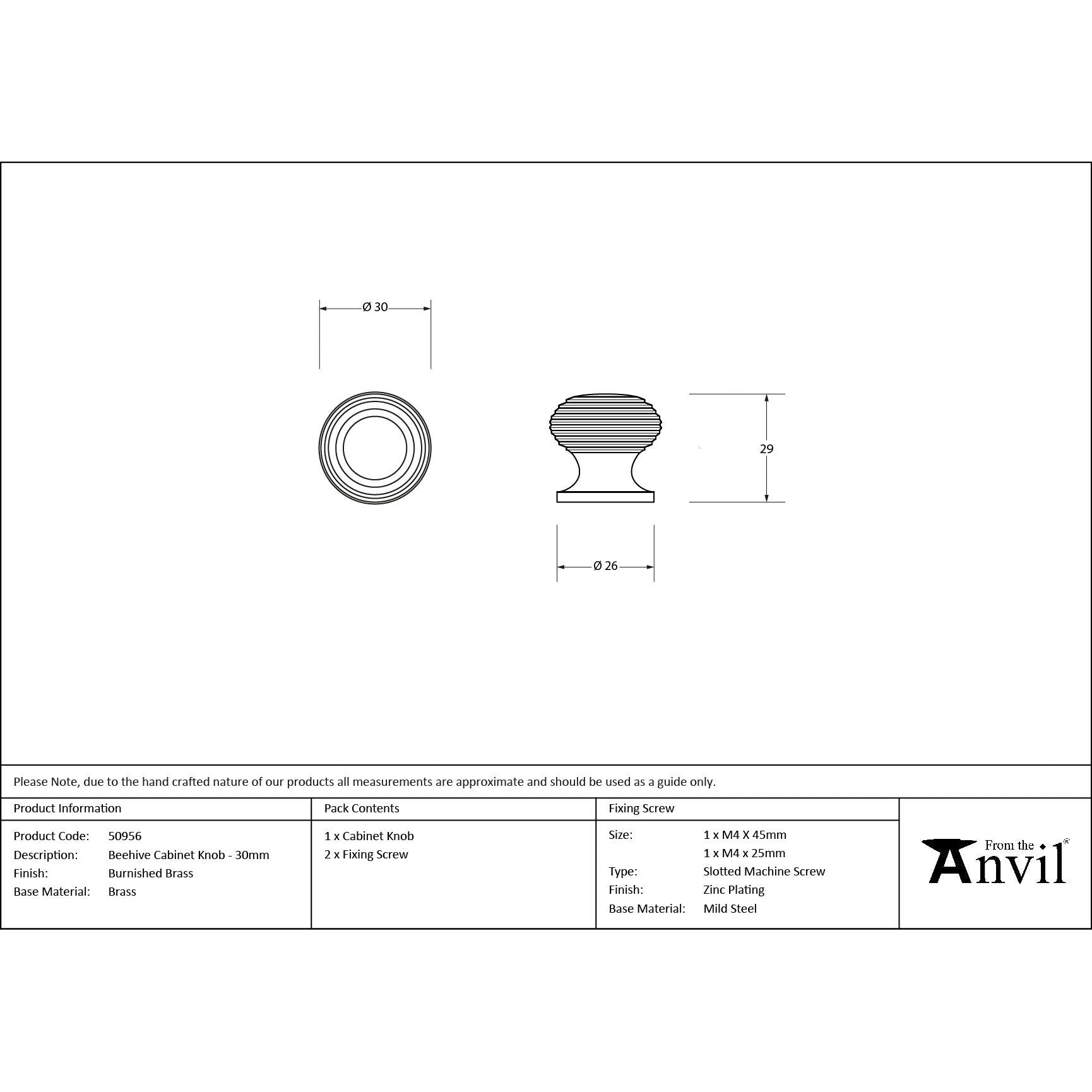 Burnished Brass Beehive Cabinet Knob 30mm - Cabinet Knobs - From The Anvil - Yester Home