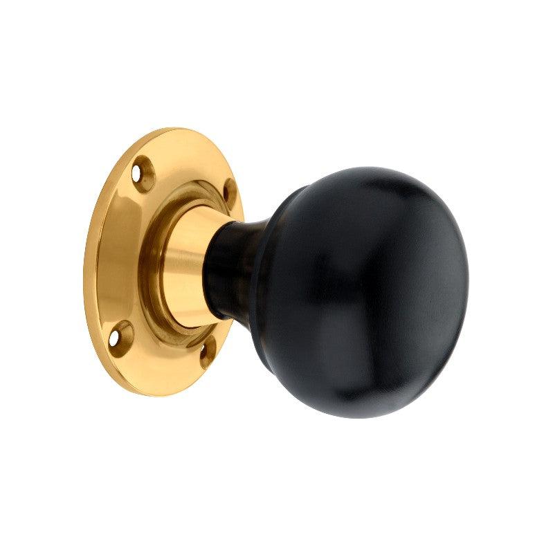 Ebony Bun Rim/Mortice Door Knob Polished Brass-Rim Door Knobs-Yester Home