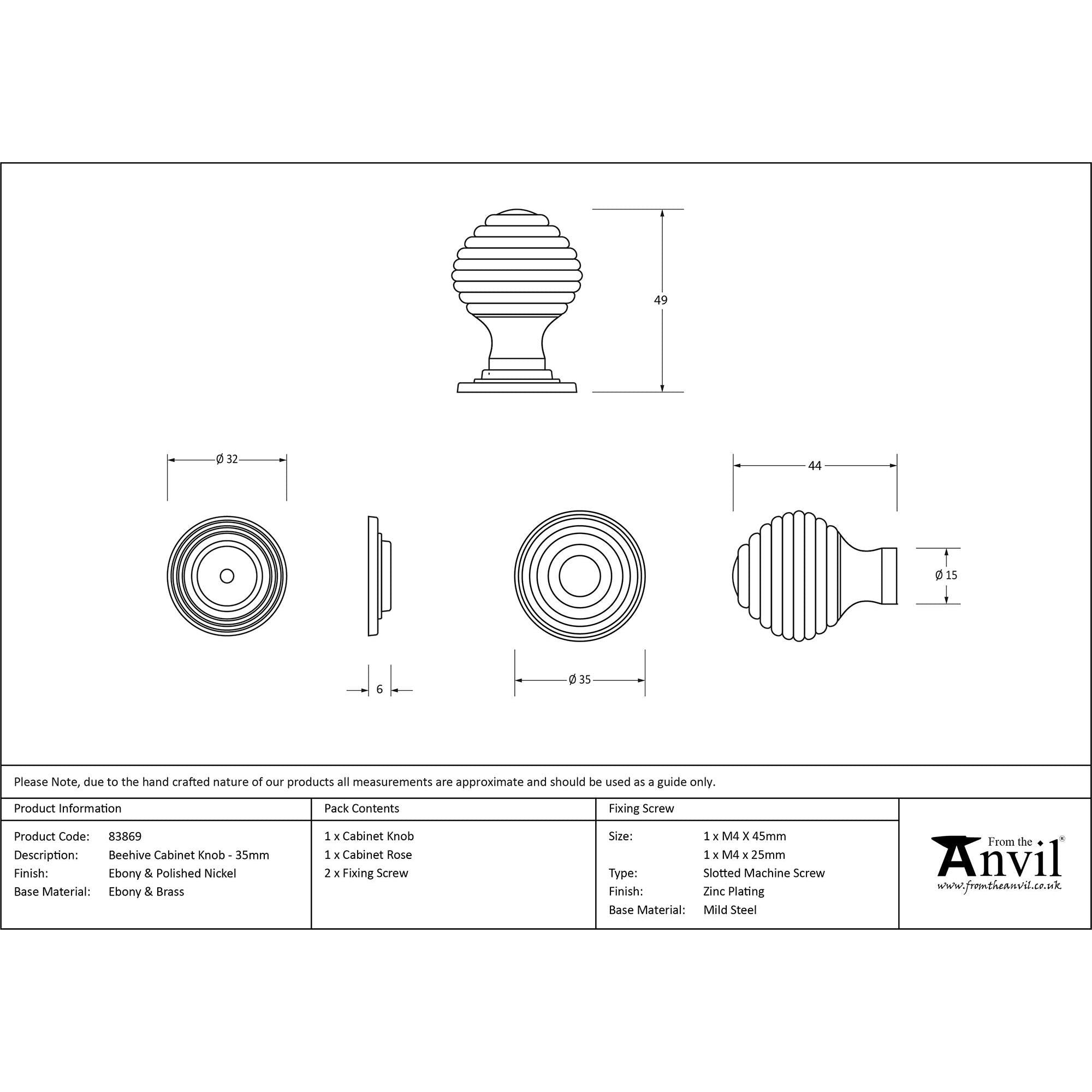 Ebony and PN Beehive Cabinet Knob 35mm | From The Anvil - Cabinet Knobs - From The Anvil - Yester Home
