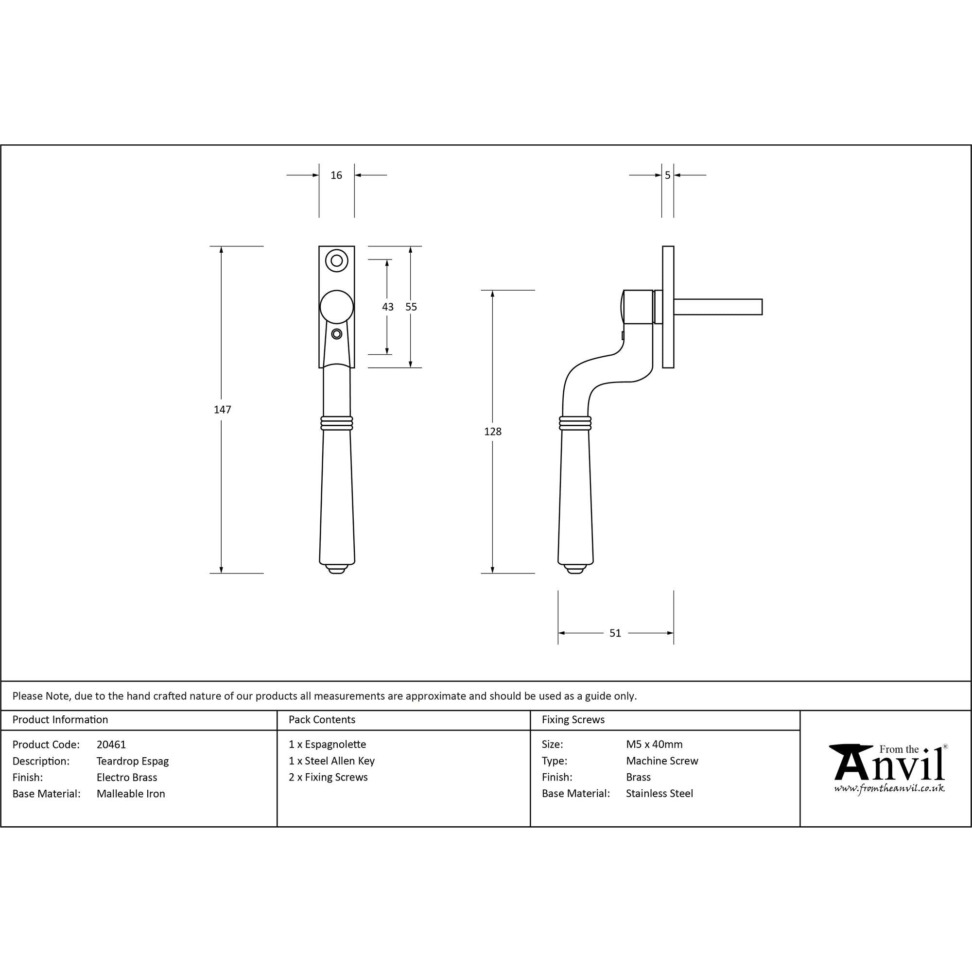 Electro Brass Teardrop Espag | From The Anvil - Espag. Fasteners - From The Anvil - Yester Home
