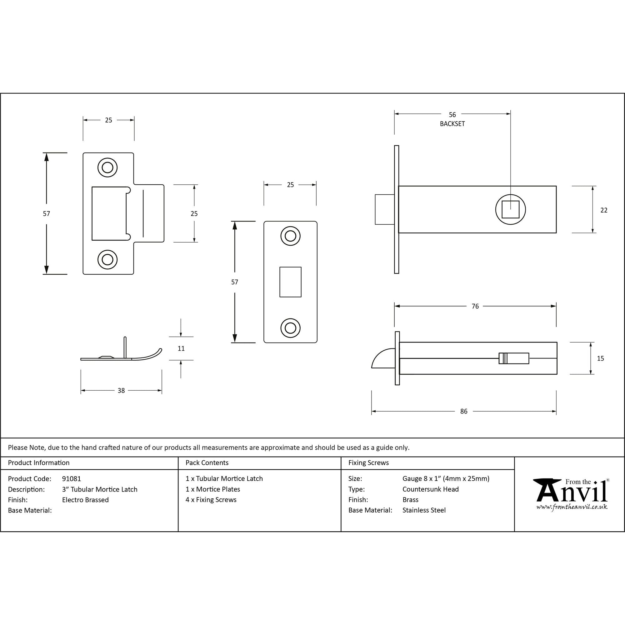 Electro Brassed 3" Tubular Mortice Latch | From The Anvil - Latches - From The Anvil - Yester Home