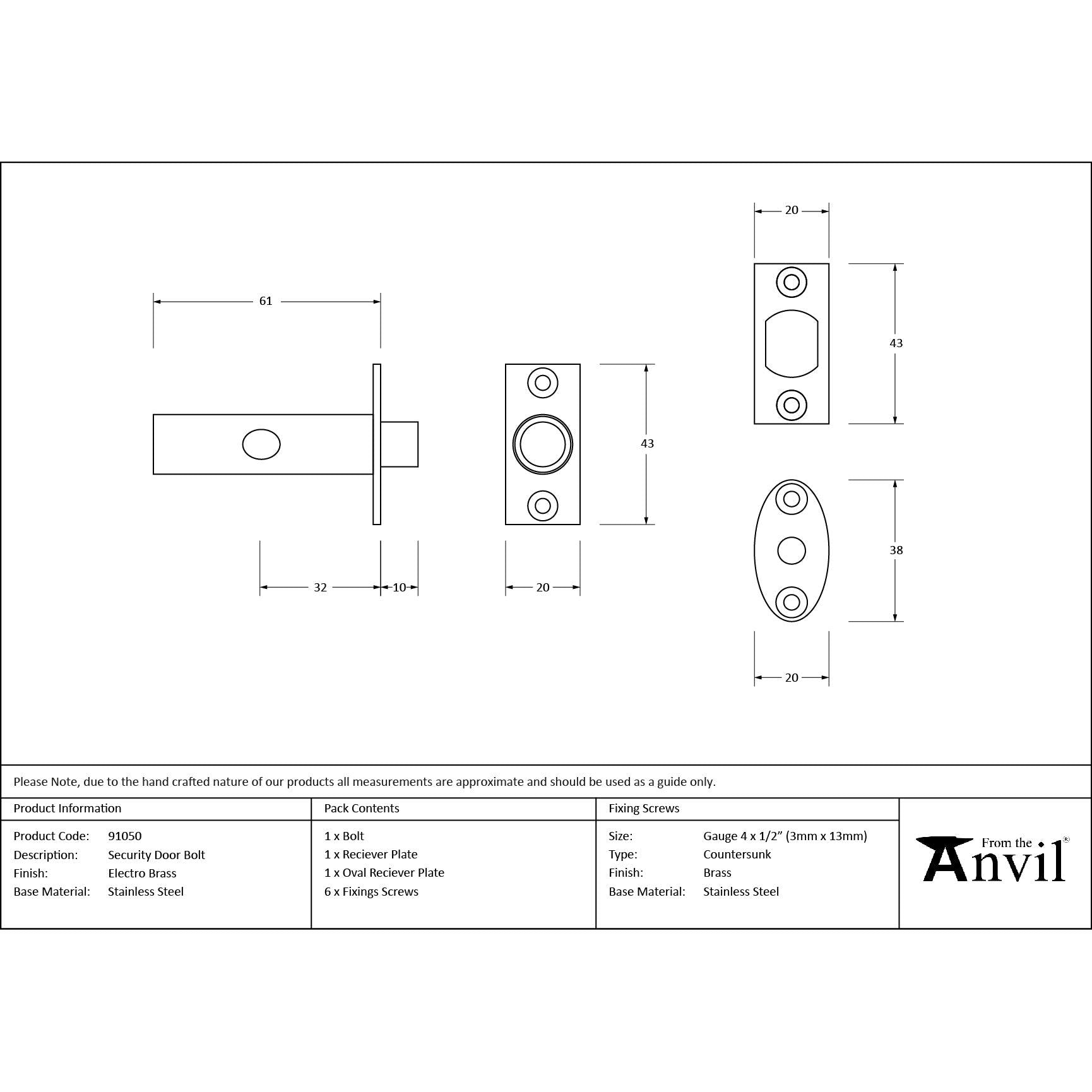 Electro Brassed Security Door Bolt | From The Anvil - Bolts - From The Anvil - Yester Home