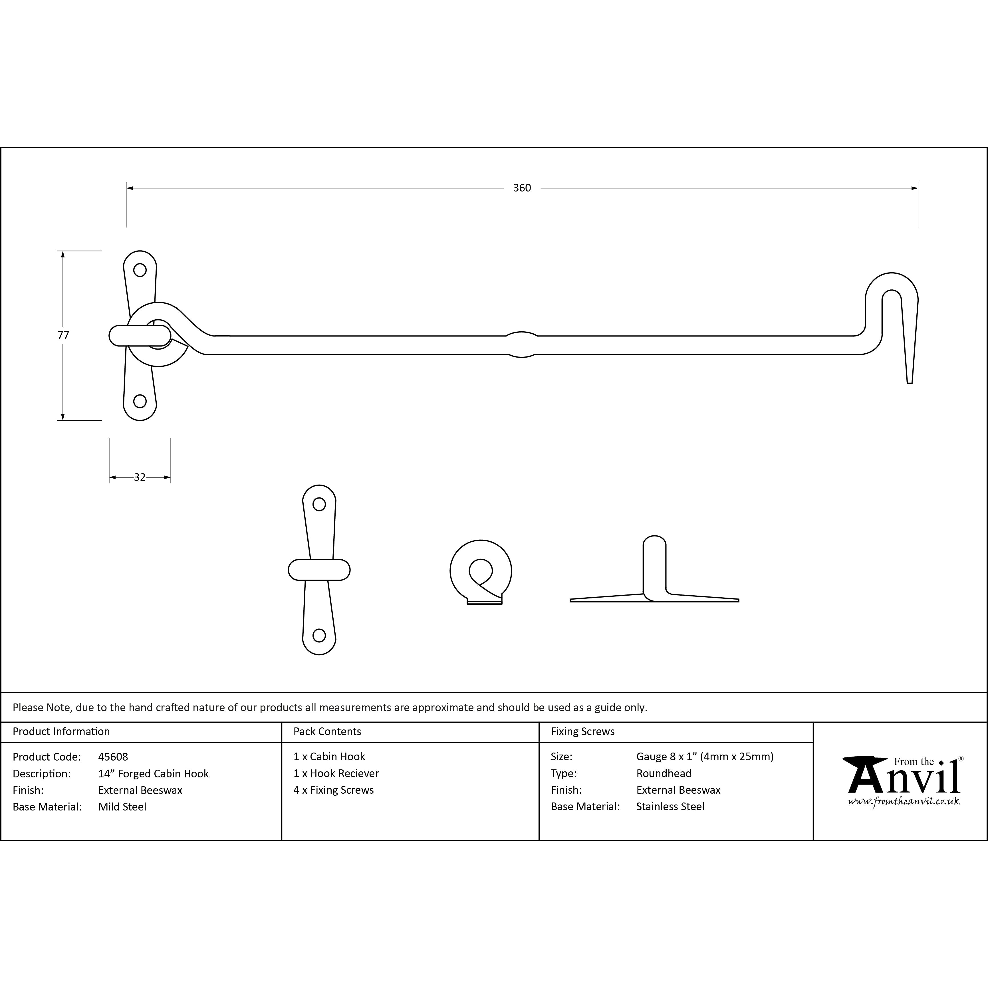 External Beeswax 14" Forged Cabin Hook | From The Anvil-Cabin Hooks-Yester Home